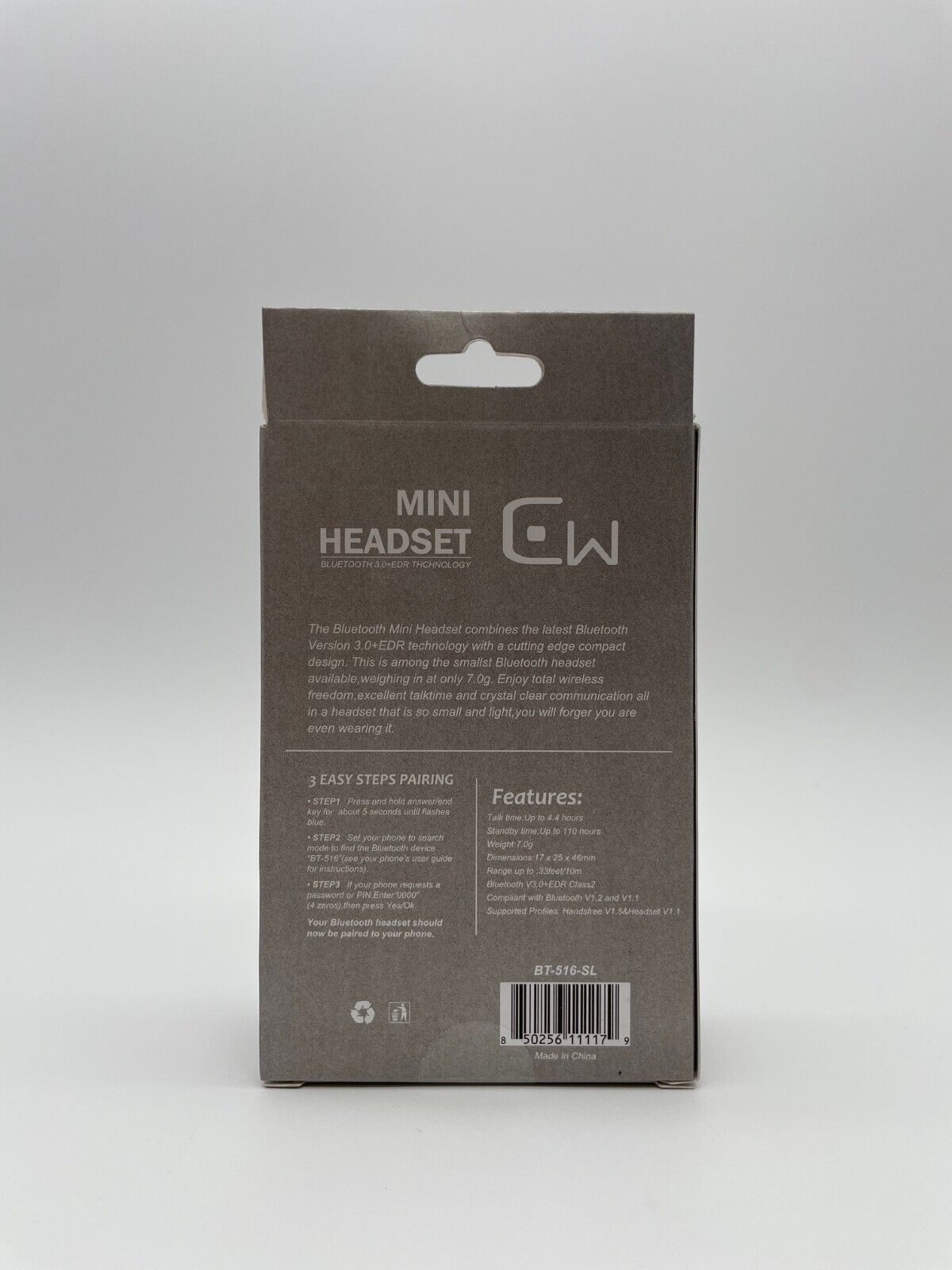 CW Mini Bluetooth Headset BT-516, Silver, Easy Pairing, Single Ear Piece - NEW