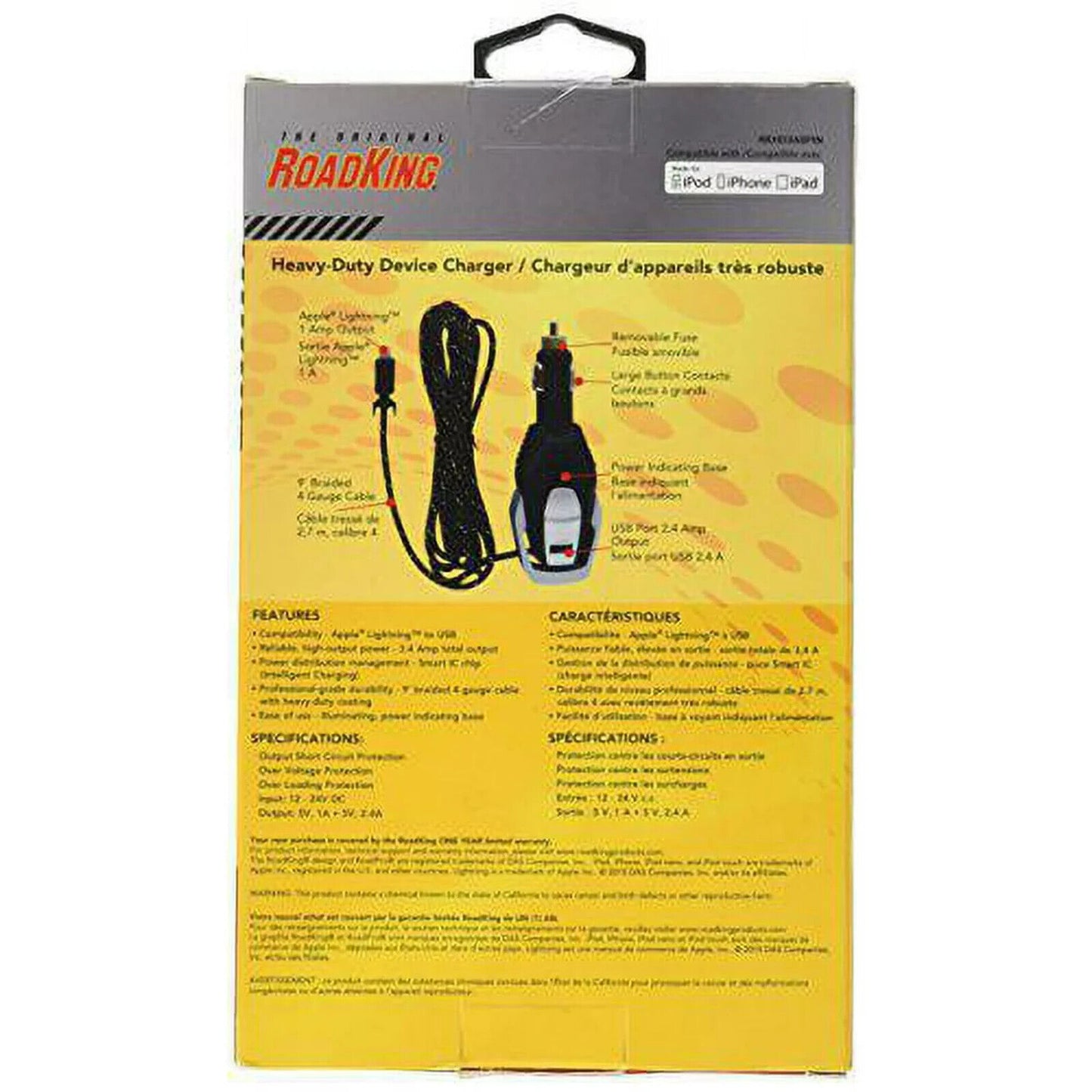 ROADKING RKHD3A8PIN Power Adapter, Portable, Capacity 12V w/Lightning Cable