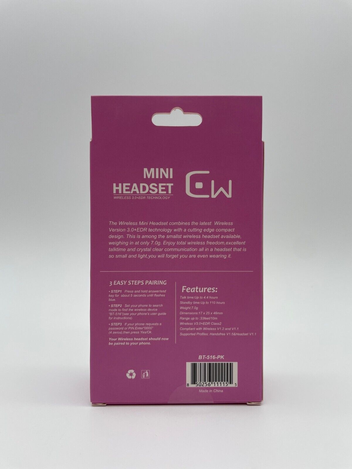 CW Mini Bluetooth Headset BT-516, Pink, Easy Pairing, Single Ear Piece - NEW