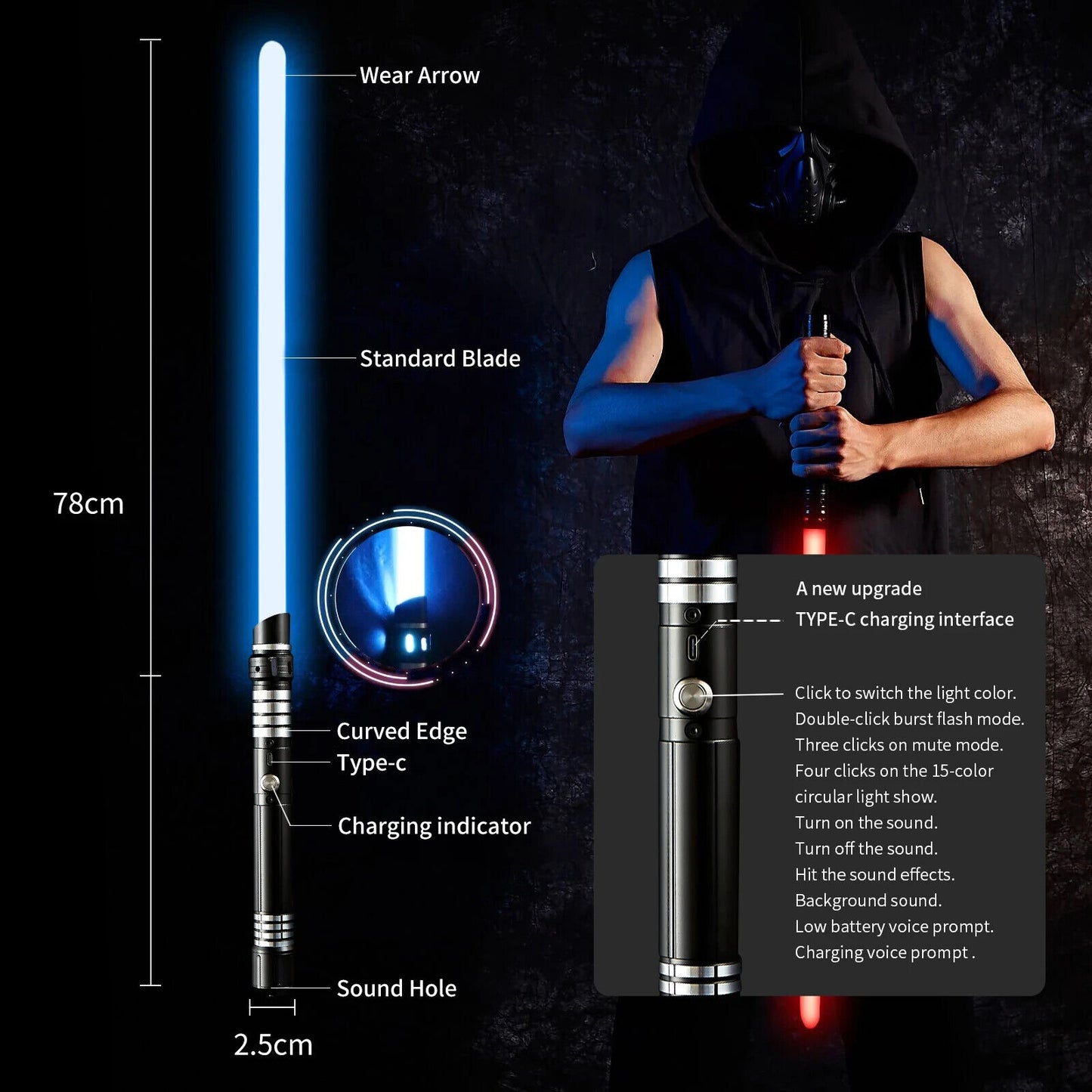 Lightsaber w/ Lights & Sound, 31in w/ Hilt, 22" Polycarbonate Blade, Connectable