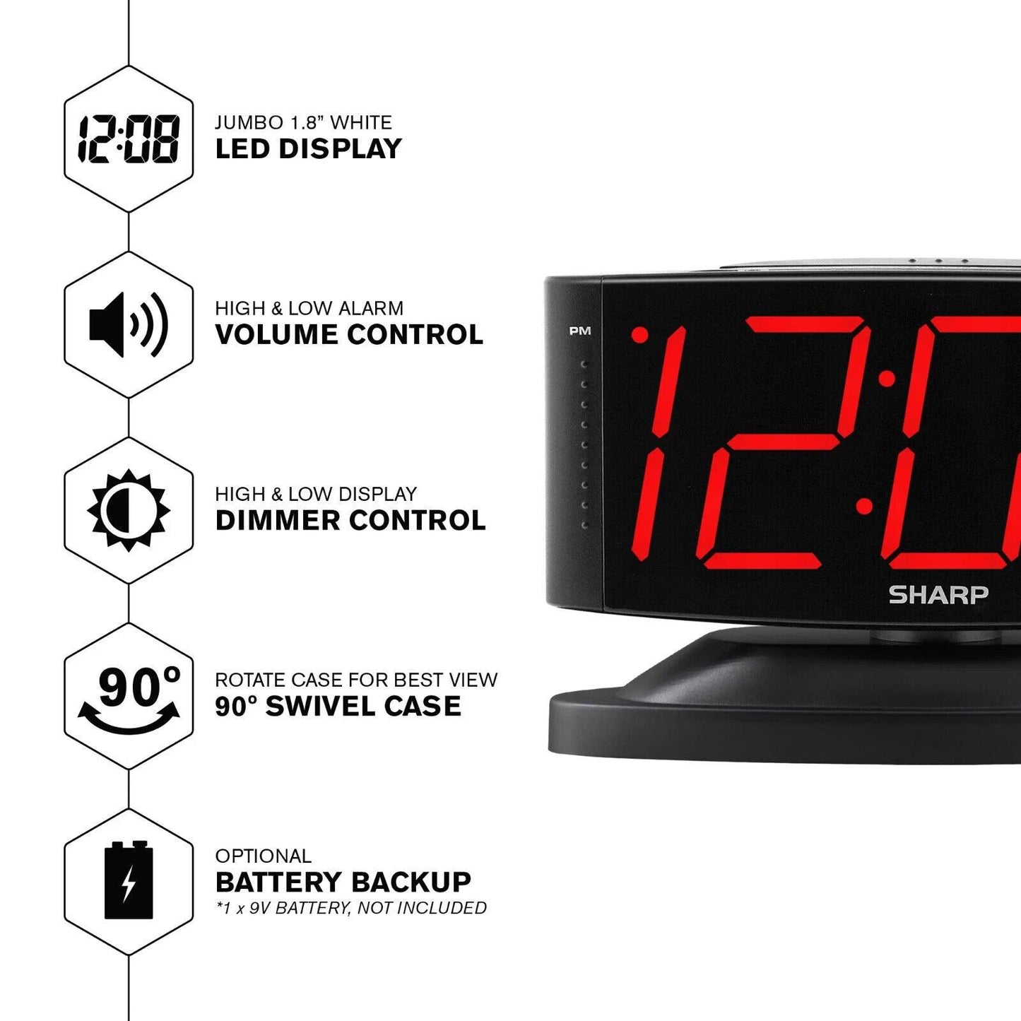 Sharp Digital Alarm Clock w/ Jumbo Display & Swivel Case, Black