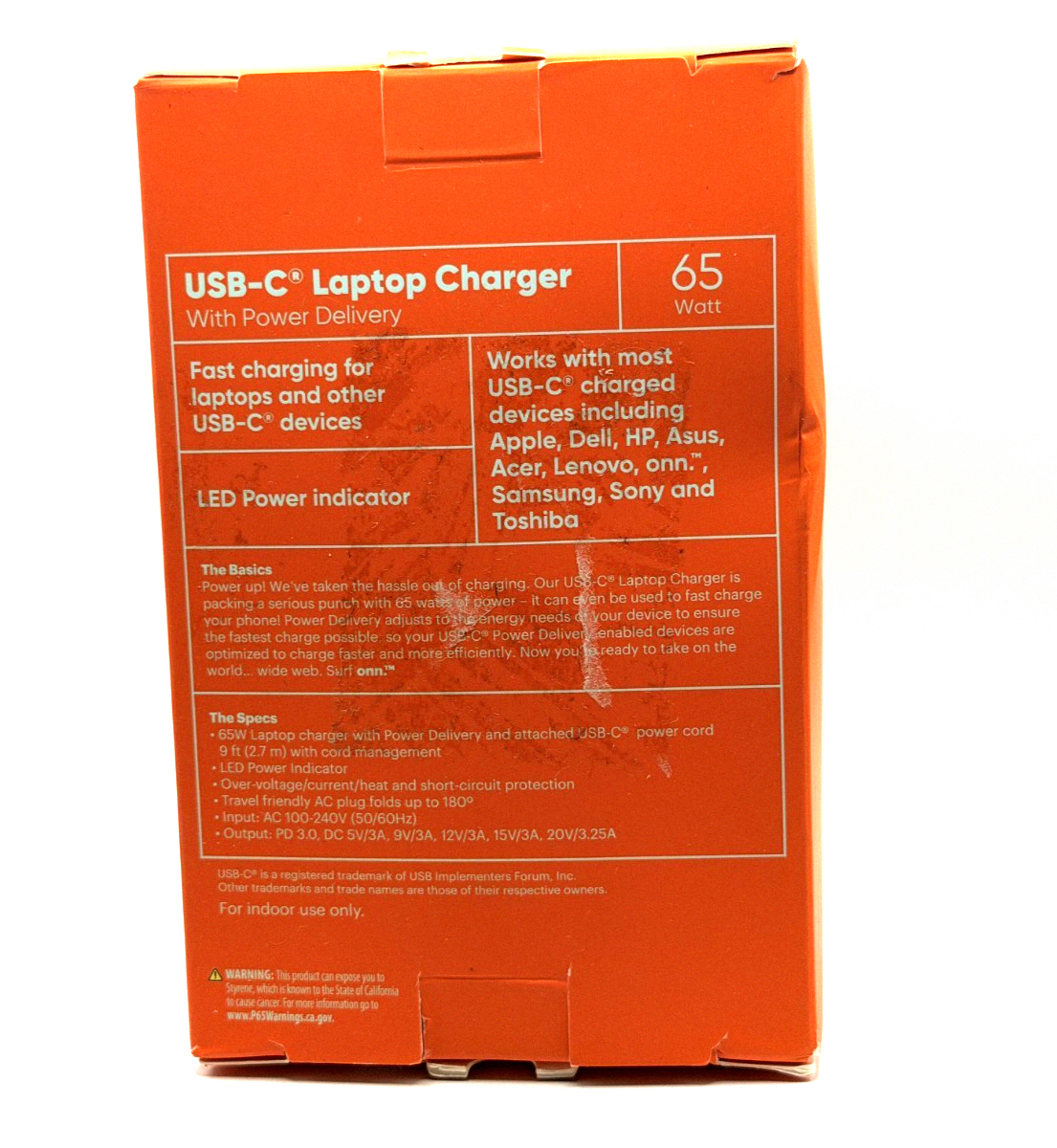 Onn 65W USB-C Laptop Charger Power Adapter w/ 9ft Cord (100025006)