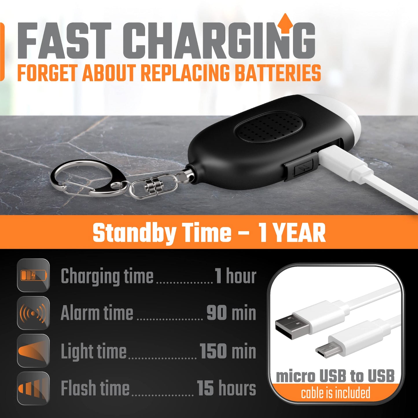 Personal Alarm Keychain - USB Rechargeable-Siren-LED Light (Black)