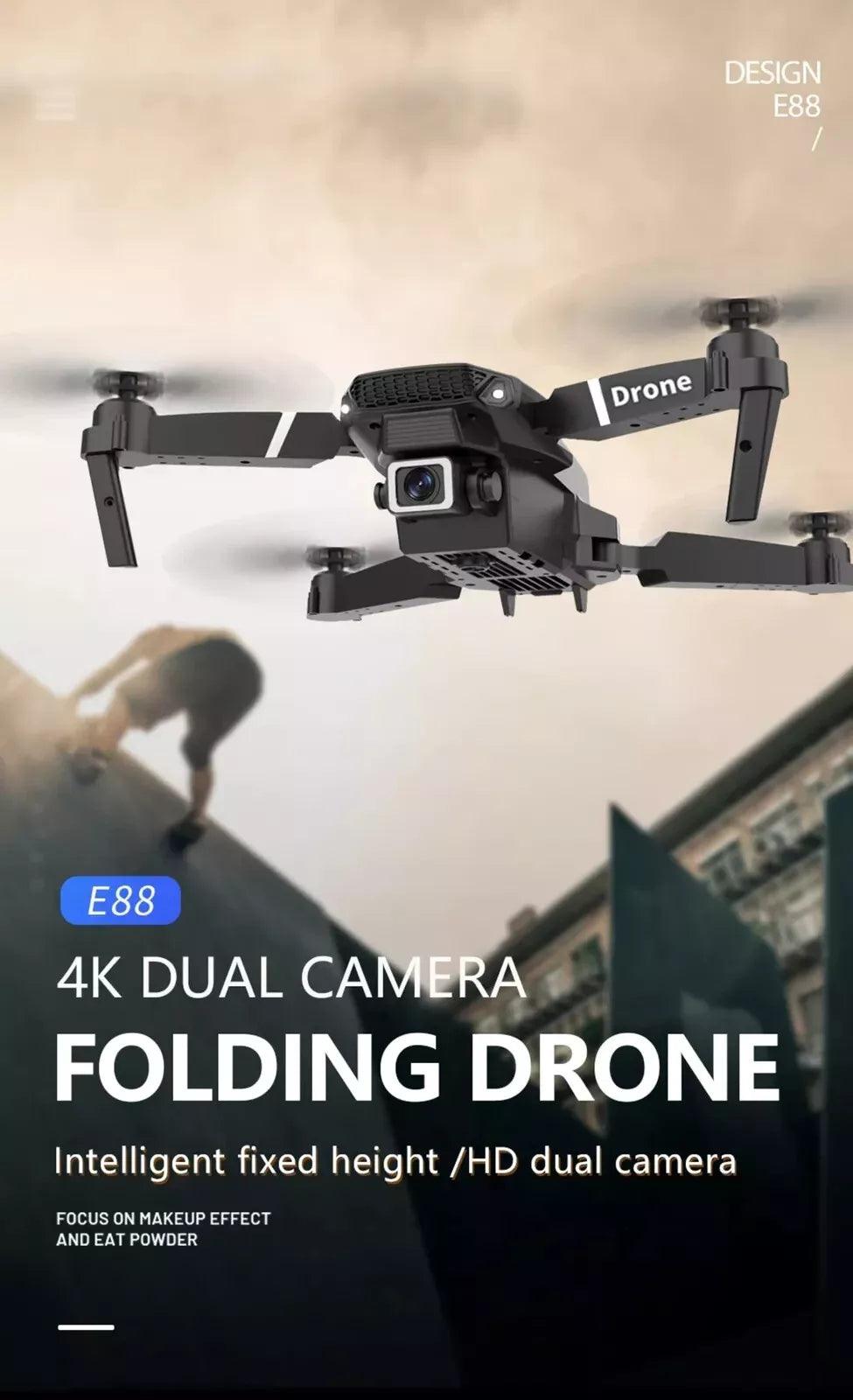 E88 Pro 4K HD Dual Camera RC WiFi Portable Wide Angle Foldable Quad Drone - NEW