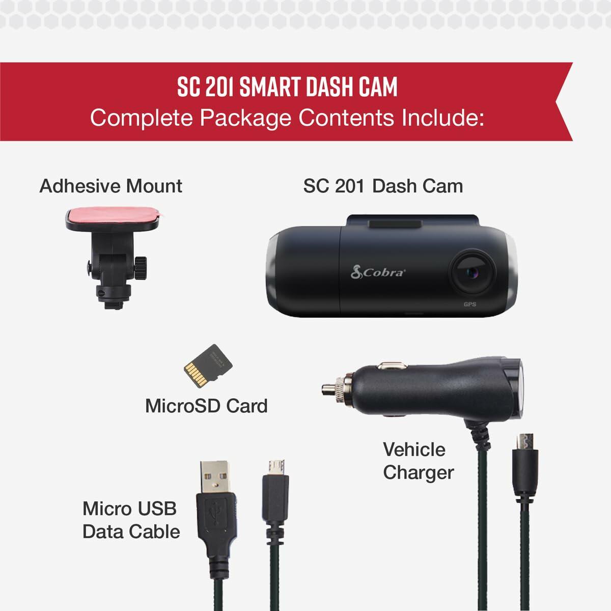 Cobra Smart Dash Cam(SC 201) - Full HD, Built-in WiFi & GPS 16GB SD Card Incl.