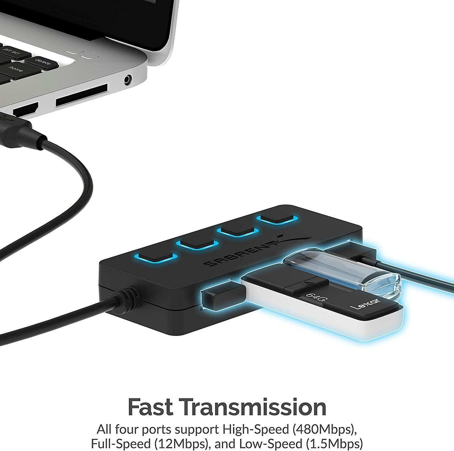 Sabrent USB Type A to 4-Port USB 2.0 Hub w/ Power Switches/LEDs - Black