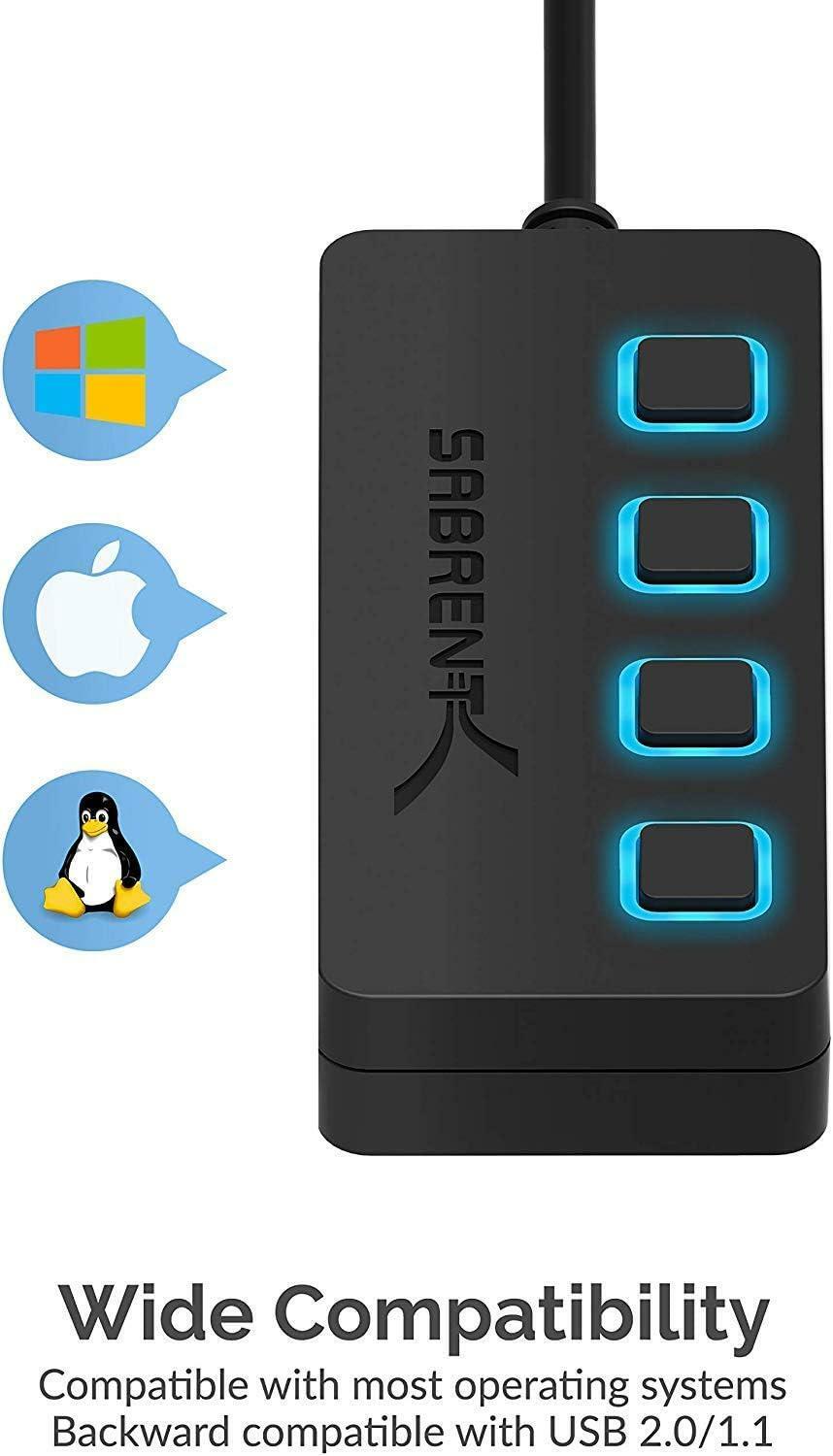 Sabrent USB Type A to 4-Port USB 2.0 Hub w/ Power Switches/LEDs - Black