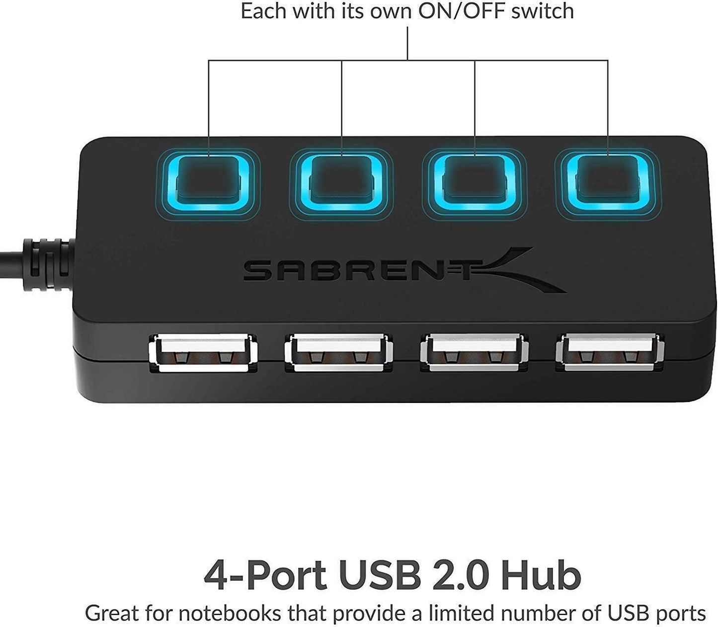 Sabrent USB Type A to 4-Port USB 2.0 Hub w/ Power Switches/LEDs - Black