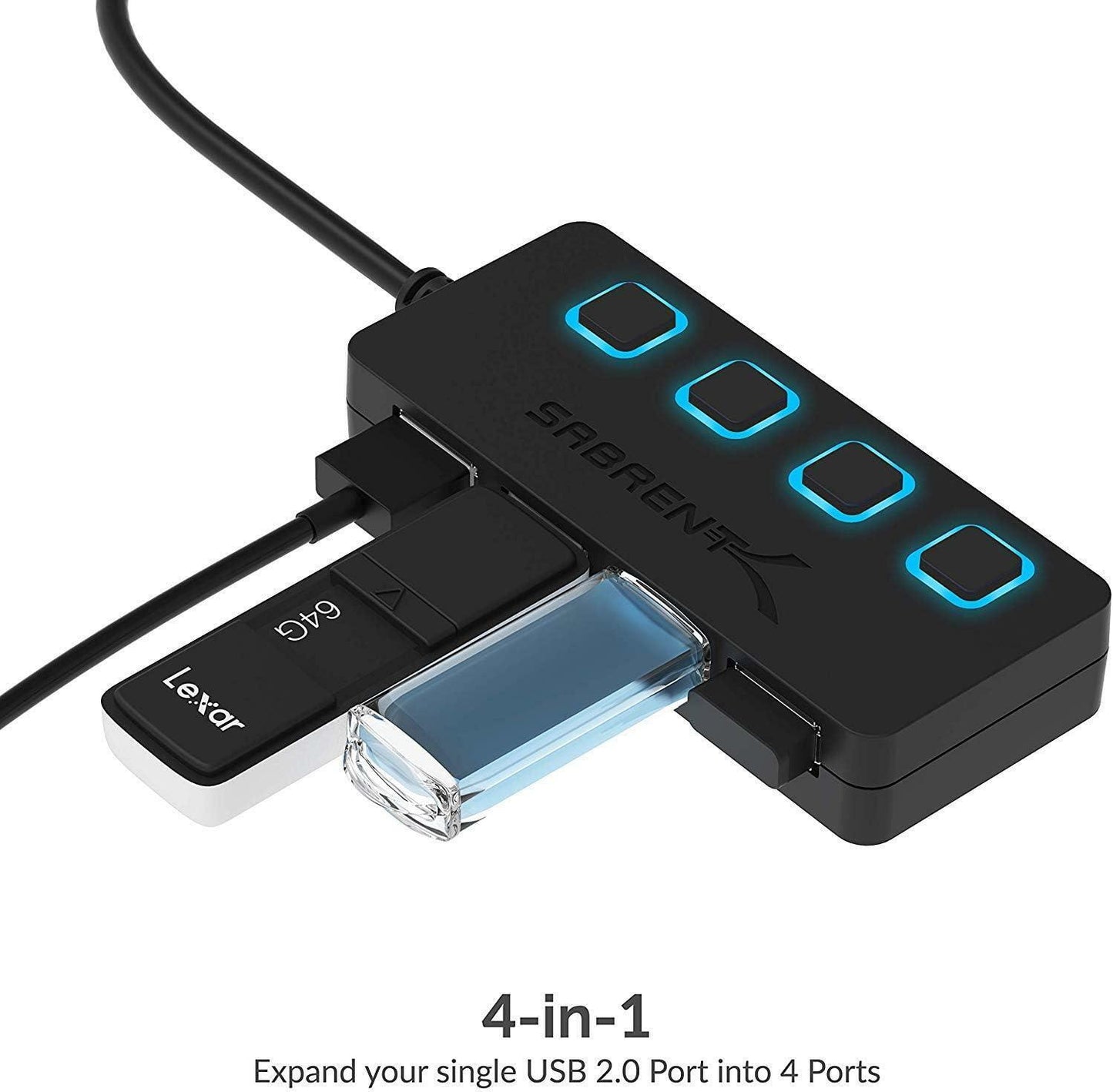Sabrent USB Type A to 4-Port USB 2.0 Hub w/ Power Switches/LEDs - Black