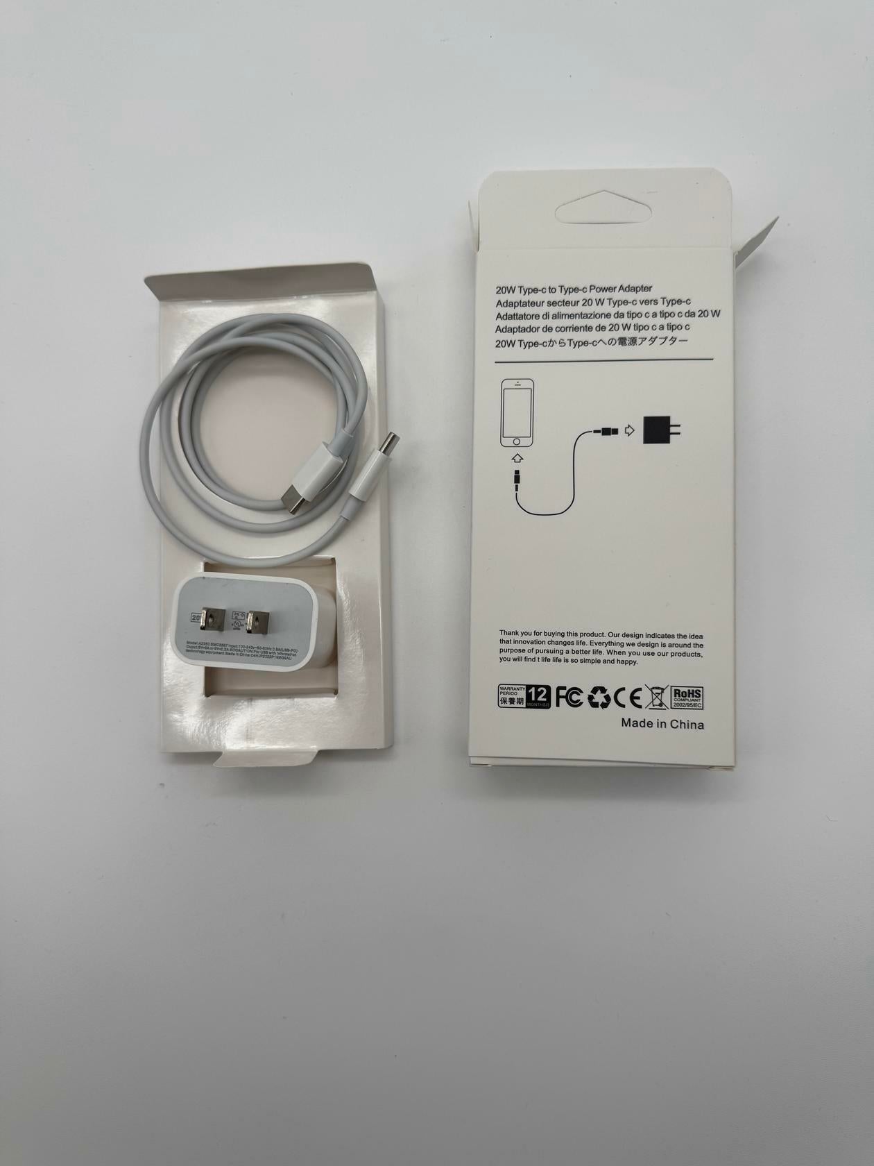 White 1m USB-C Power Adapter Type - C TO Type - C Cable w/20 W Power Adapter