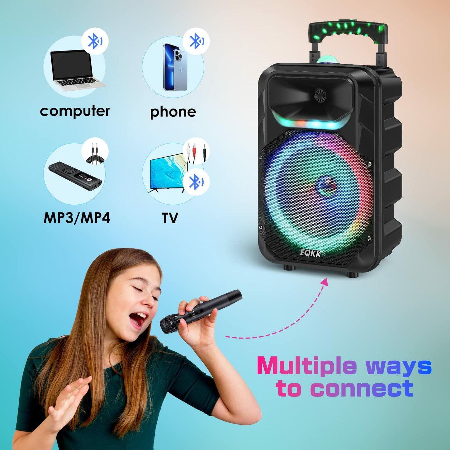 Bluetooth Speaker w/2 Wireless Microphones, Karaoke Machine & Party Lights