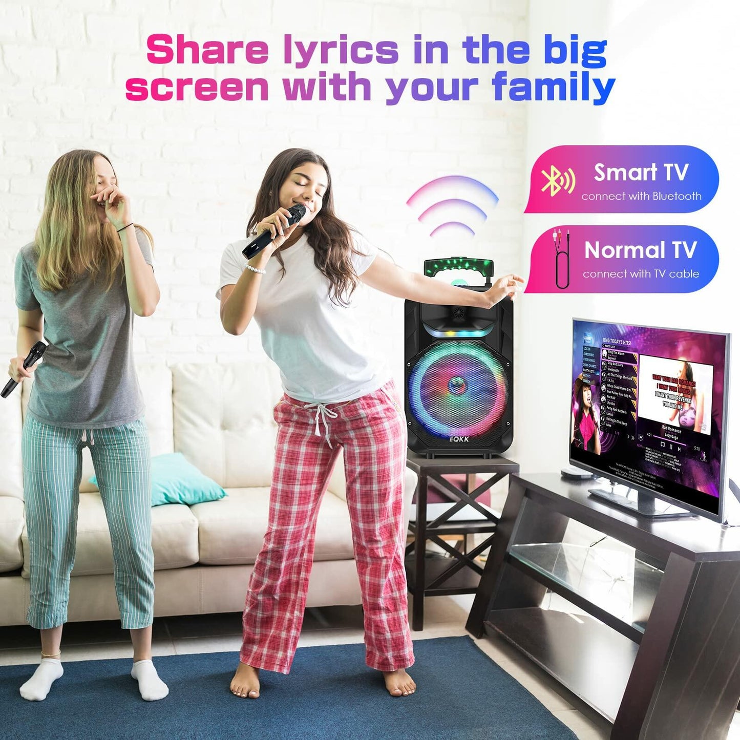 Bluetooth Speaker w/2 Wireless Microphones, Karaoke Machine & Party Lights