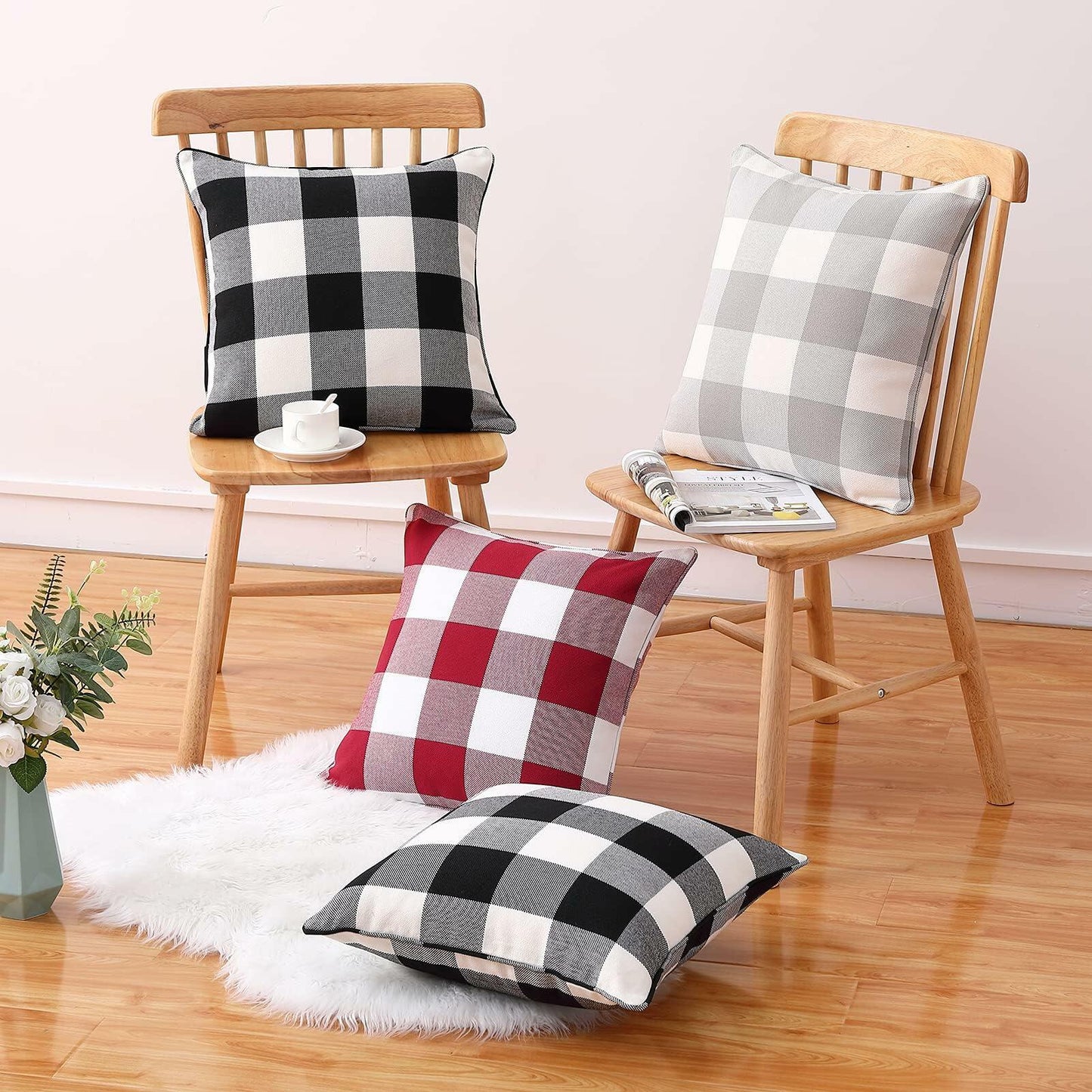 MingBo Farmhouse Set of 2 Throw Pillow Covers Grey and White Check, 18 x 18 Inch