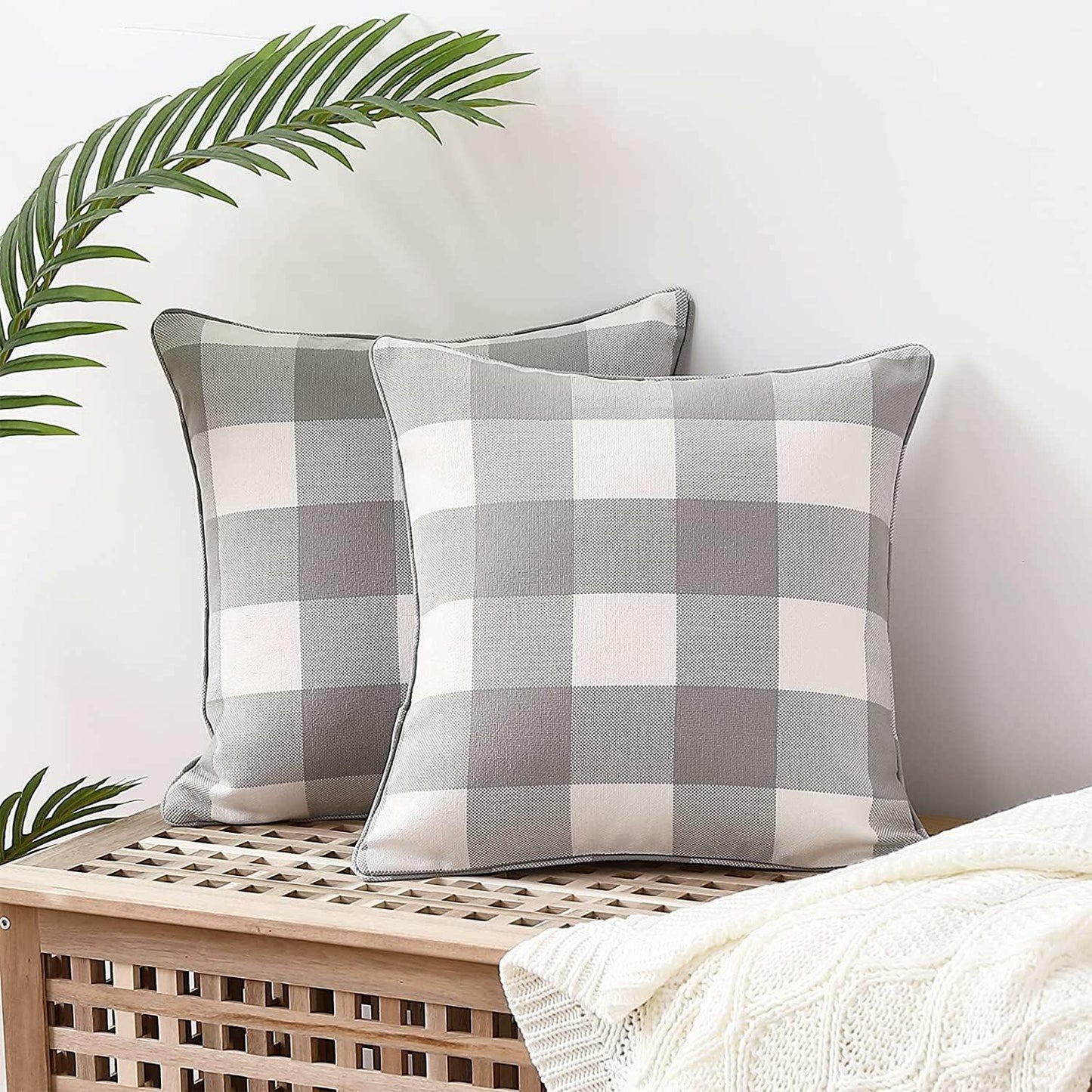 MingBo Farmhouse Set of 2 Throw Pillow Covers Grey and White Check, 18 x 18 Inch