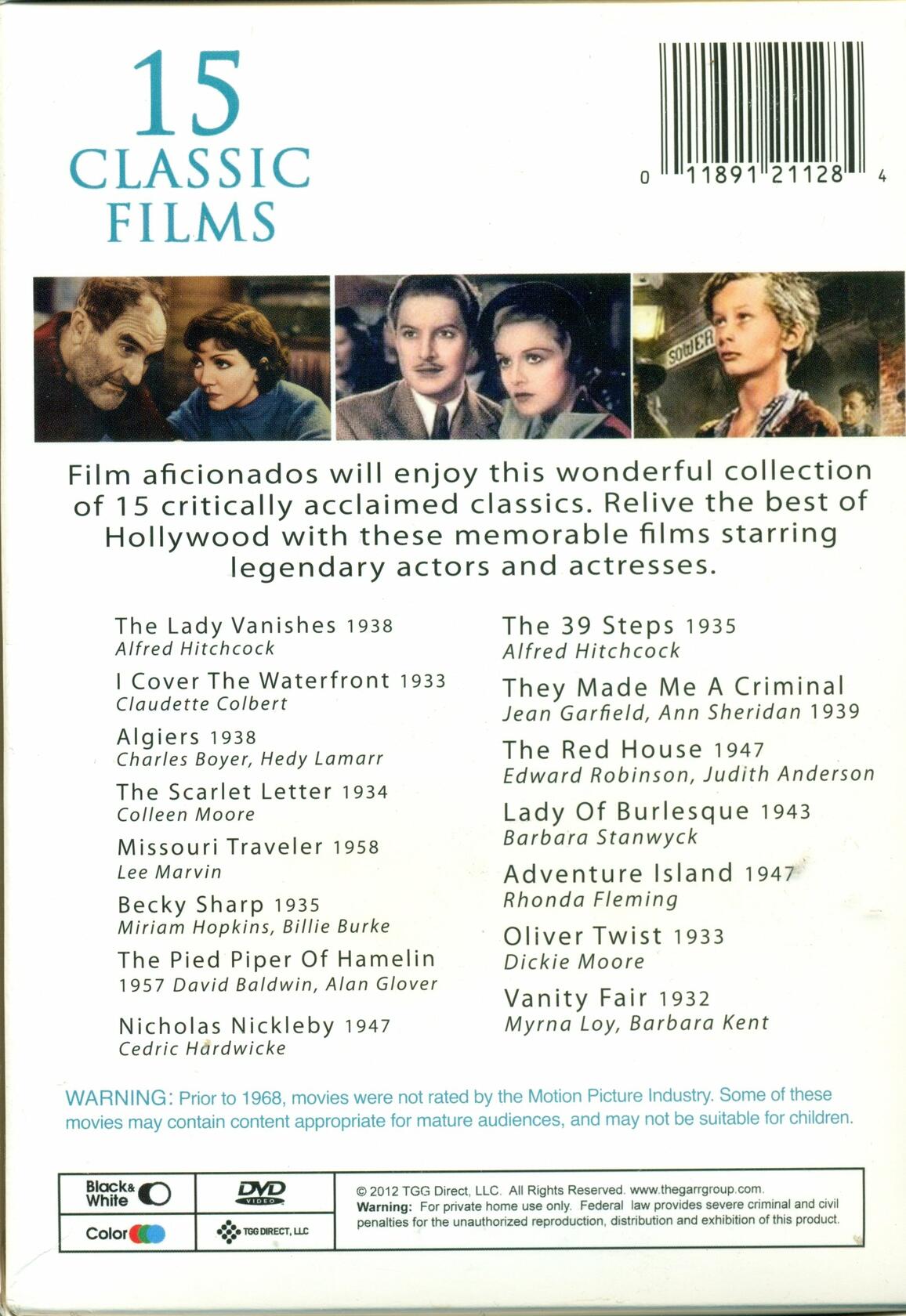 15 Classic Films DVD Set - Hedy Lamarr, Alfred Hitchcock, Claudette Colbert, Lee