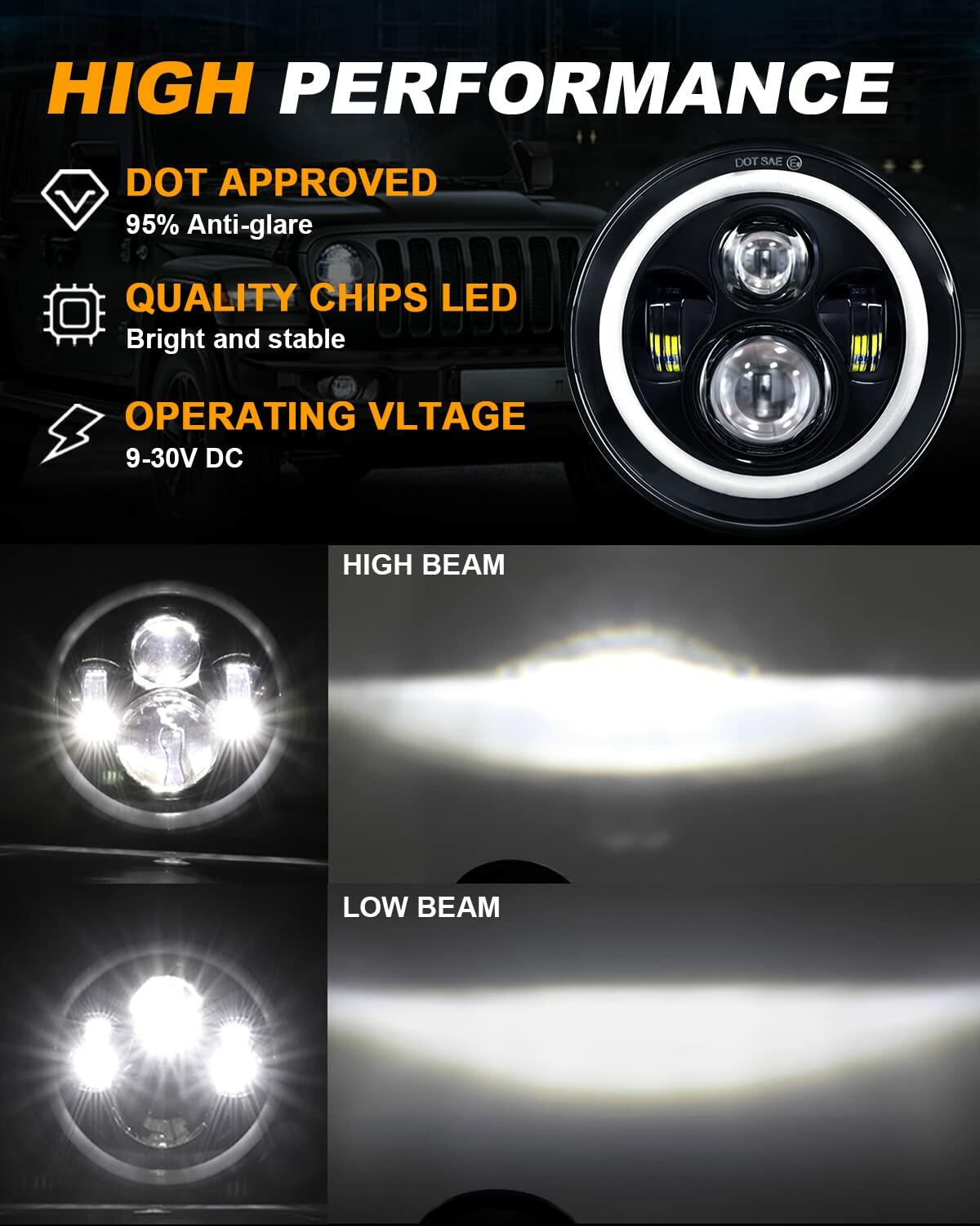 7 Inch LED Headlig Fits Wrangler JK TJ LJ CJ with H4 H13 Adapter, 2PCS