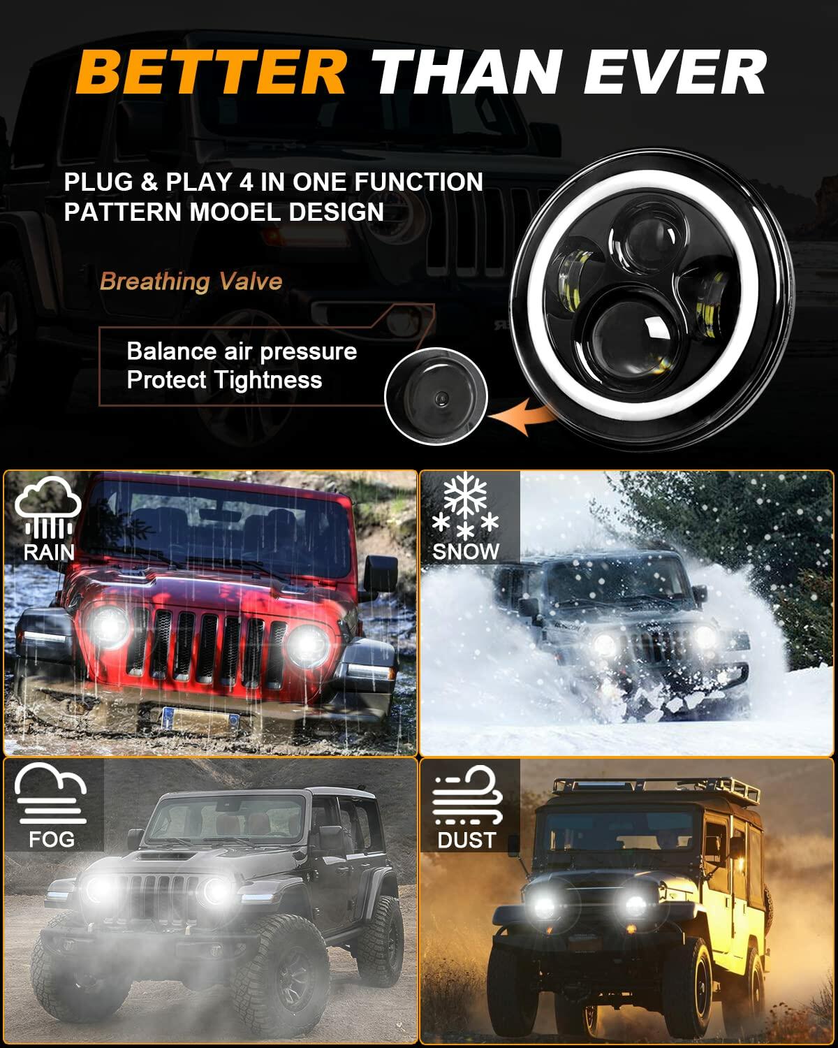 7 Inch LED Headlig Fits Wrangler JK TJ LJ CJ with H4 H13 Adapter, 2PCS