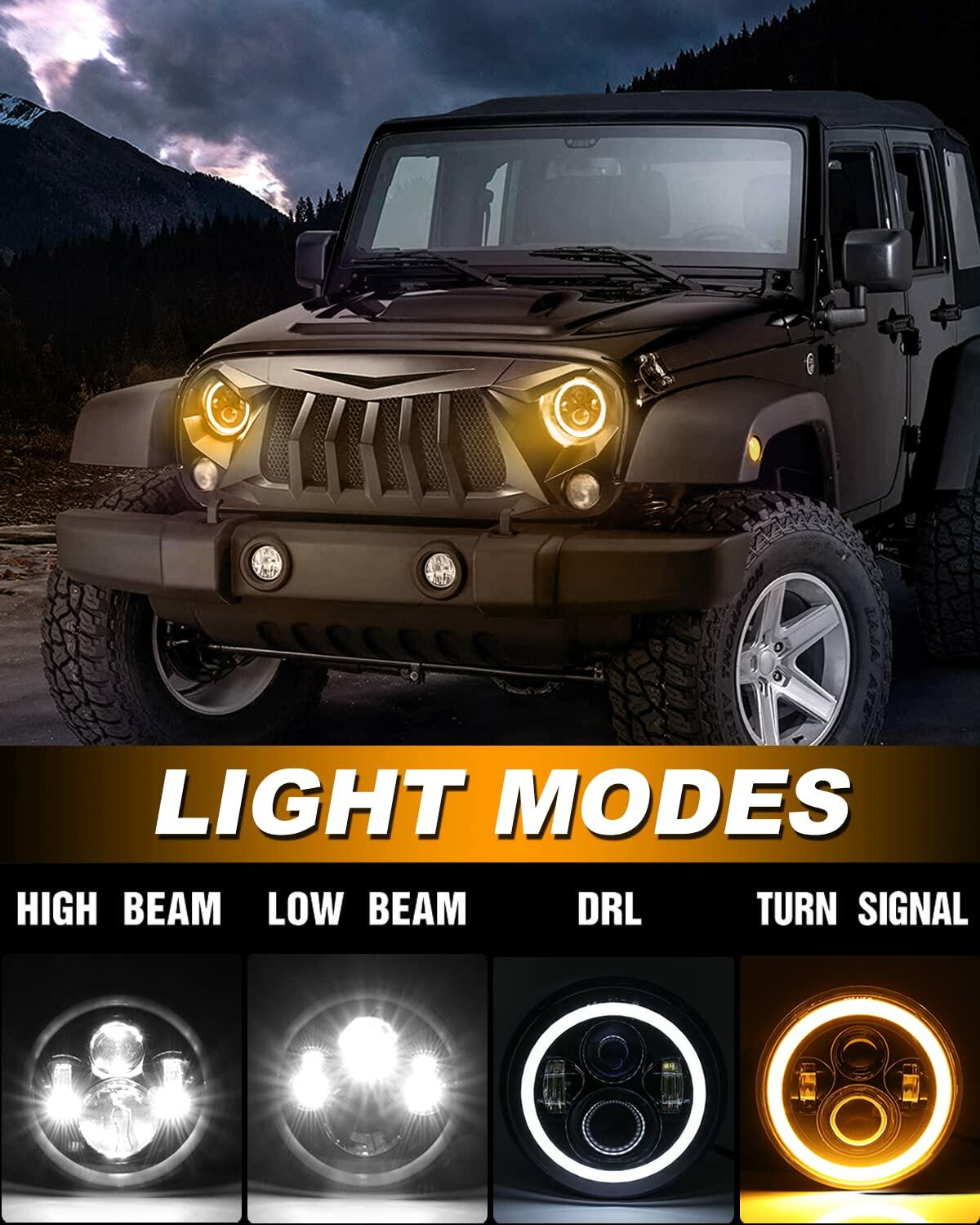 7 Inch LED Headlig Fits Wrangler JK TJ LJ CJ with H4 H13 Adapter, 2PCS