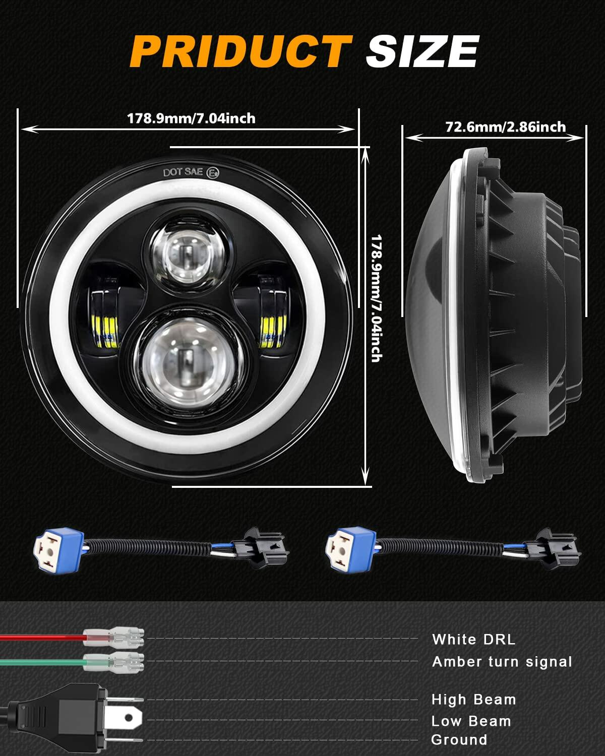 7 Inch LED Headlig Fits Wrangler JK TJ LJ CJ with H4 H13 Adapter, 2PCS