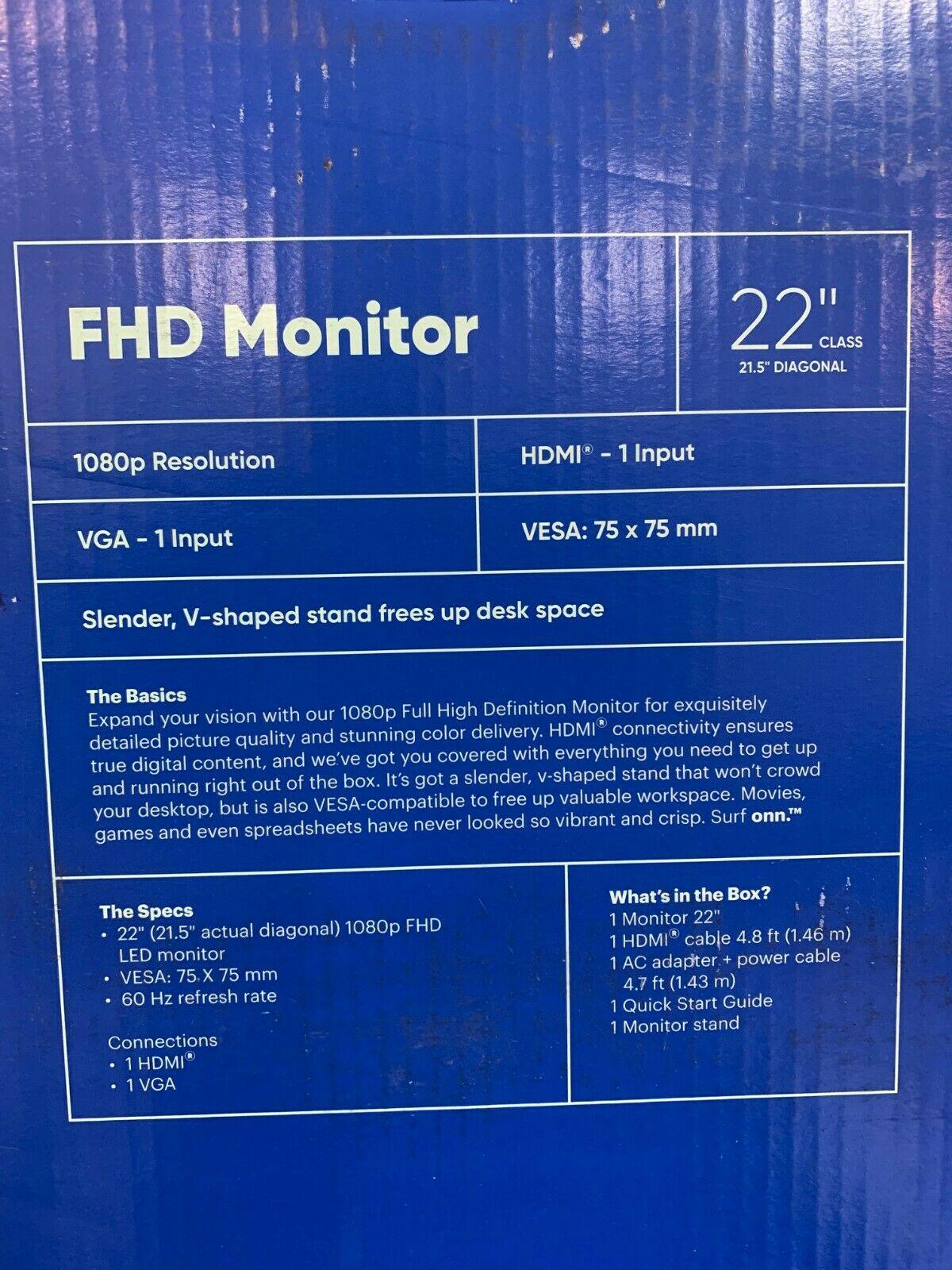 ONN 22" 1920x1080 FULL HD LED Slim Design Monitor - HDMI/VGA 60hz 14ms - Raastadeals