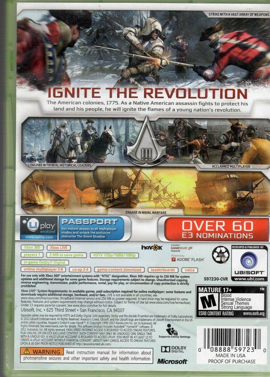 Assassin's creed III 3 (Xbox 360) & Includes Manual