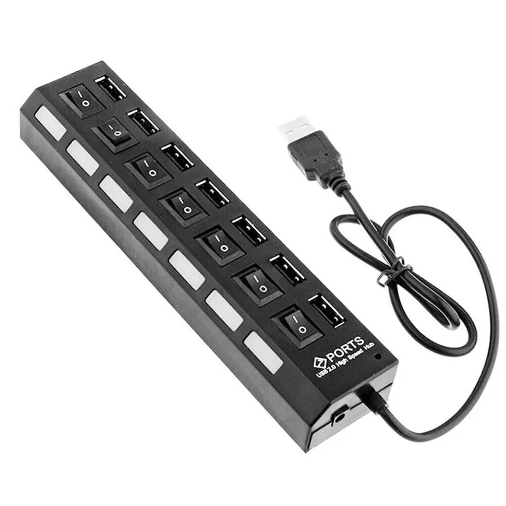 Universal, Unbranded 7 Port USB 2.0 High Speed Hub, Black, New