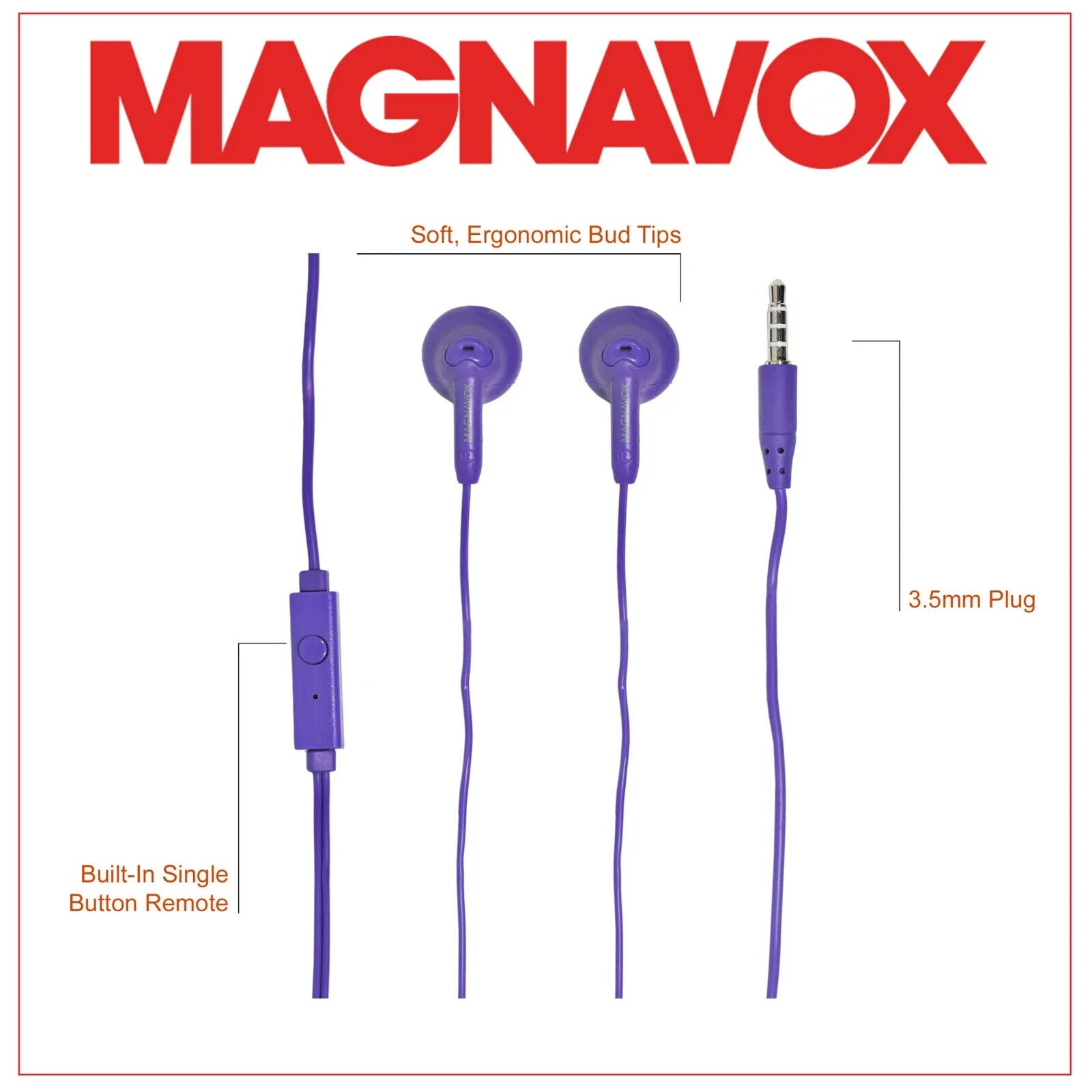 Magnavox Snug Fit+ Smooth Bass Handsfree Earphones w/ Mic & Control, Purple--NEW