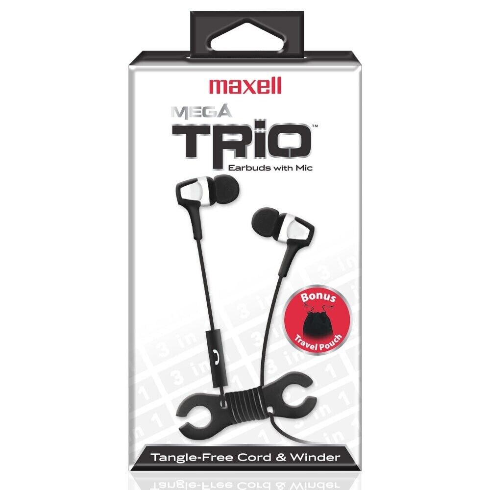 Maxell Mega Trio Earbuds with Mic, Tangle Free Flat Cord & Winder - Black - NEW