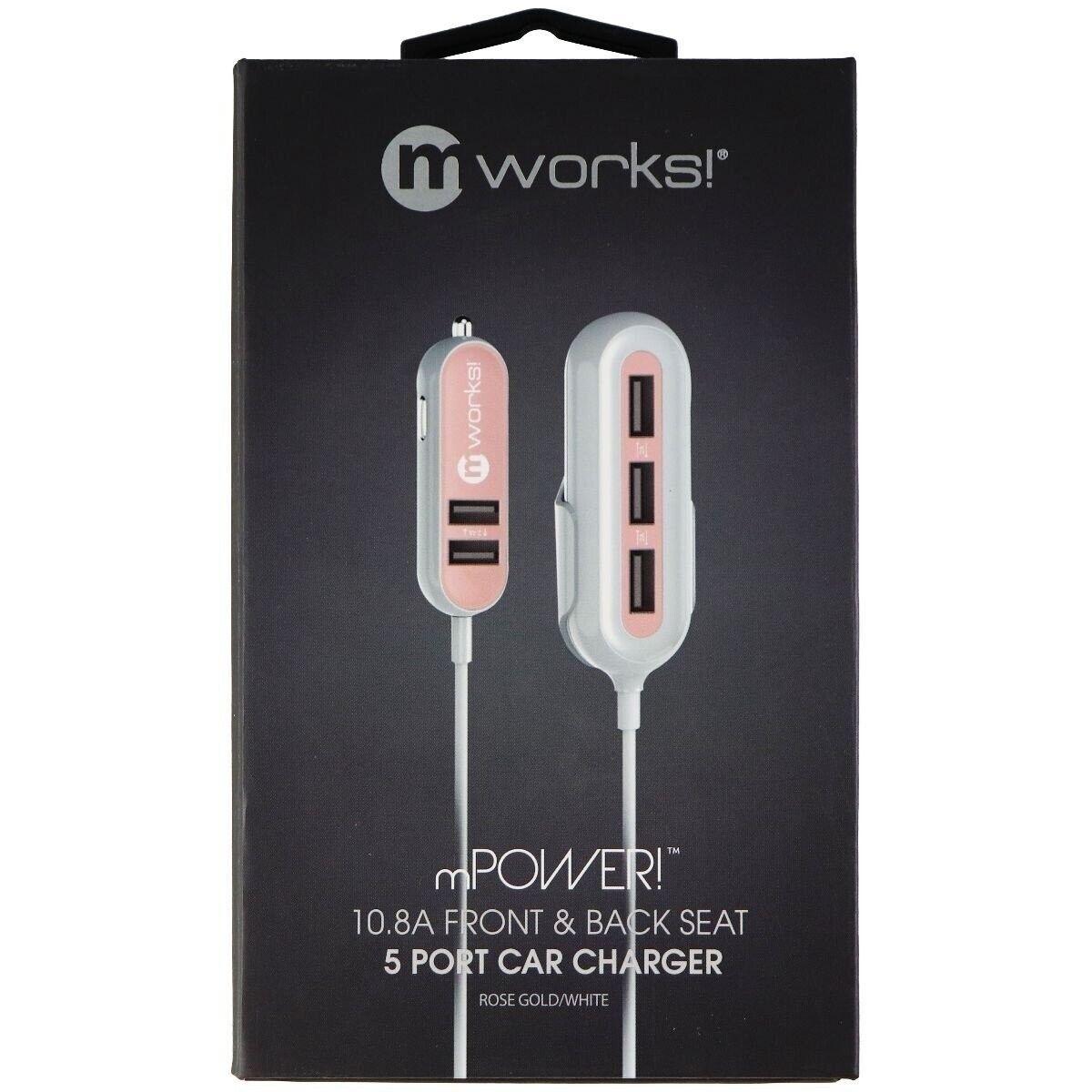 mworks! mPOWER! 10.8A Front & Back Seat 5 Port Car Charger, Rose Gold/White, NEW