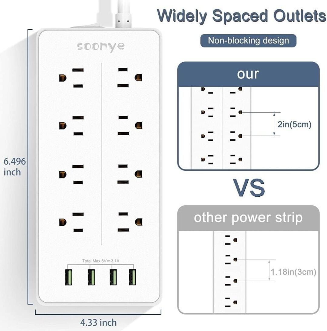 Power Strip with 8 AC outlets Spaced for Non-Crowding & 4 USB Ports, White