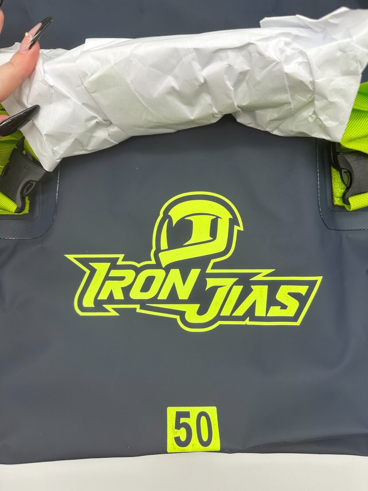 Iron JIA's 50L Waterproof Motorcycle Bag- Navy and Neon Green