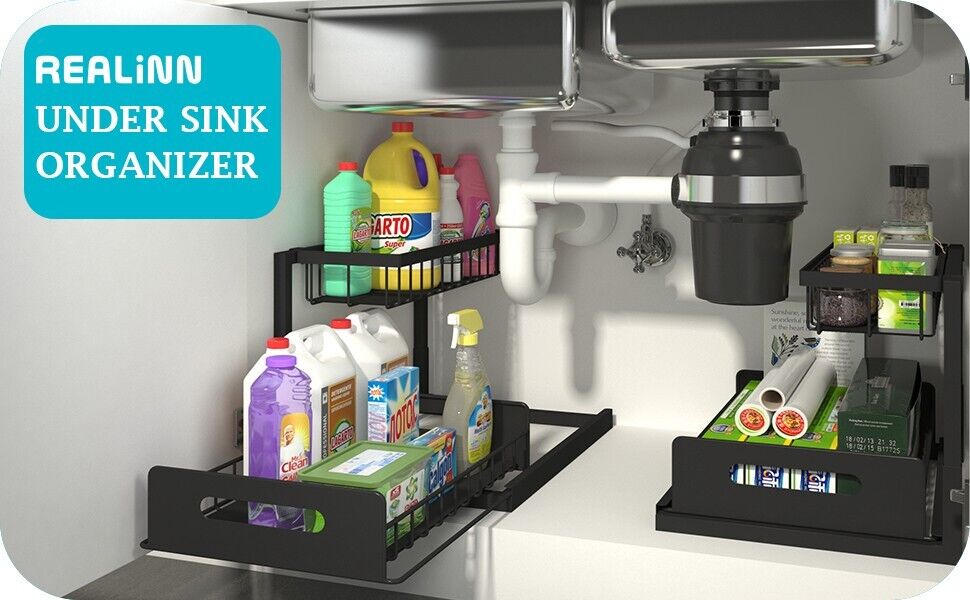 REALINN Under Sink Organizer Pull Out Cabinet Organizer 2 Tier Slide Out Black