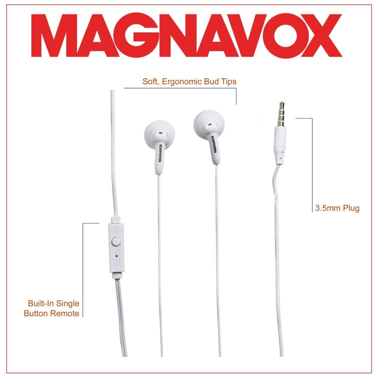 Magnavox Snug Fit+ Smooth Bass Handsfree Earphones w/ Mic & Control, White - NEW