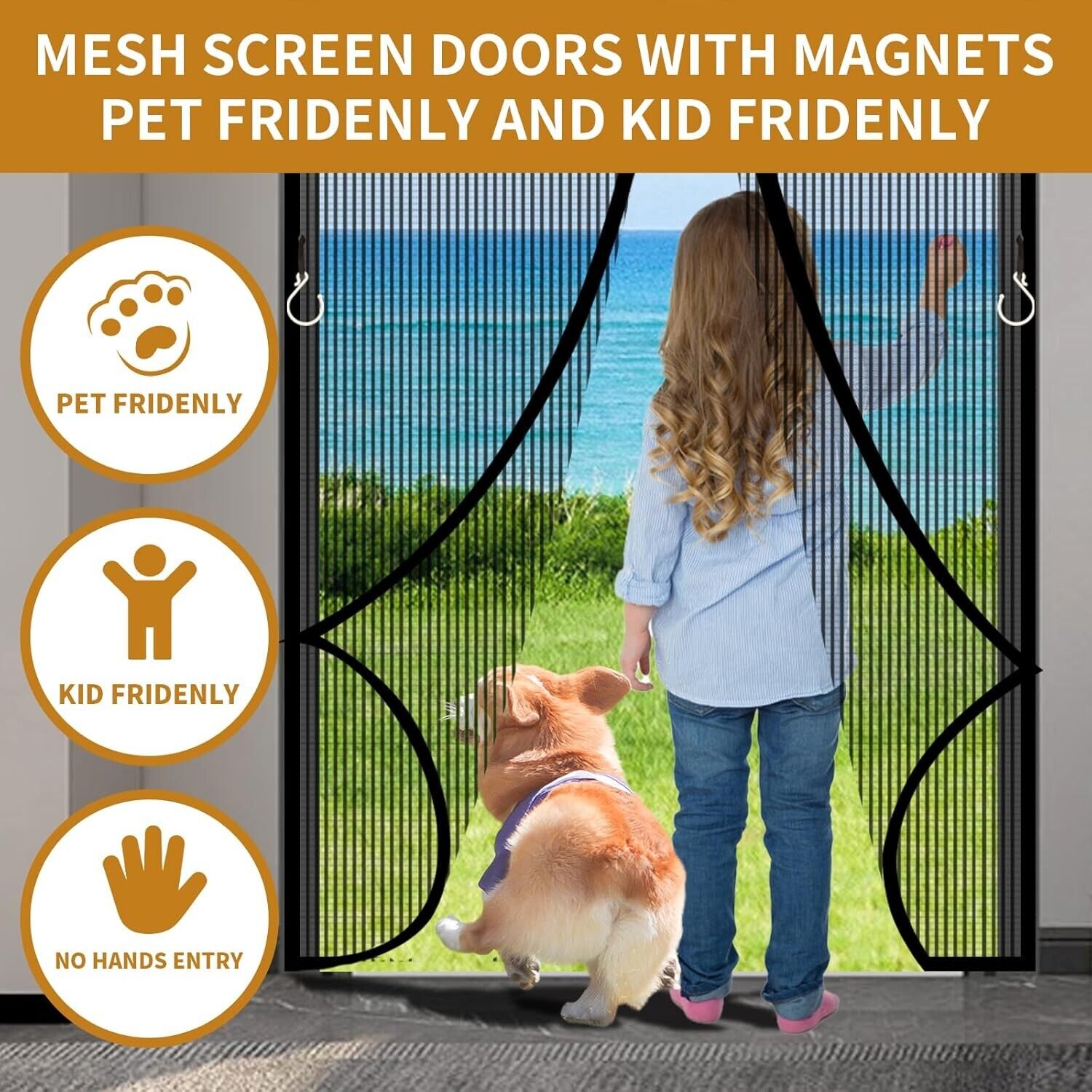 Magnetic Screen Door for 36" x 83" Doorway, Black Mesh Fiber with Lace Trim