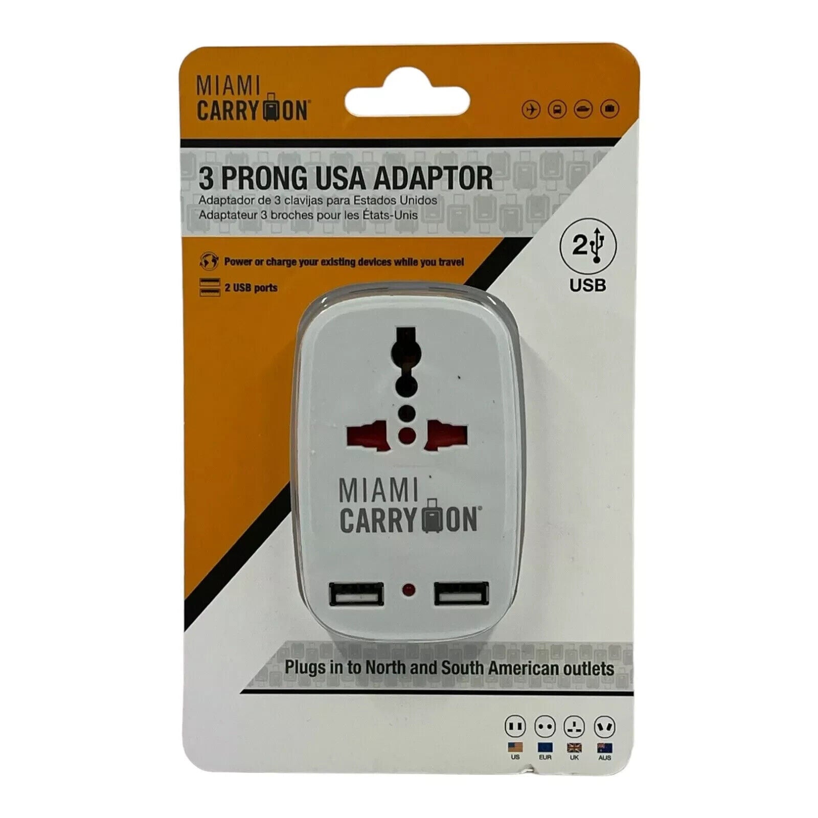 Miami Carry On 3 Prong USA Adaptor w/ 2 USB Ports for North & South America, NEW