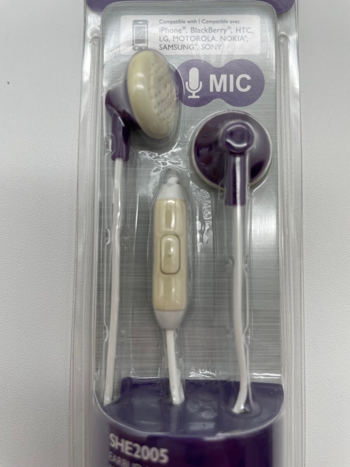 Philips Bass Sound SHE2005 Earbud Headset w/ Mic, Purple, NEW - SEE NOTES