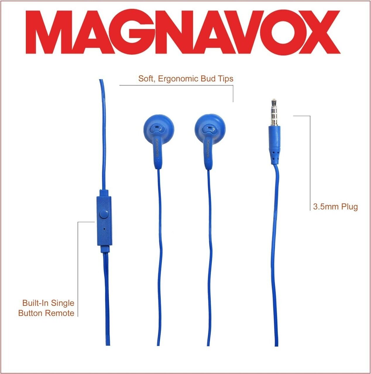 Magnavox Snug Fit+ Smooth Bass Handsfree Earphones w/ Mic & Control, Blue - NEW