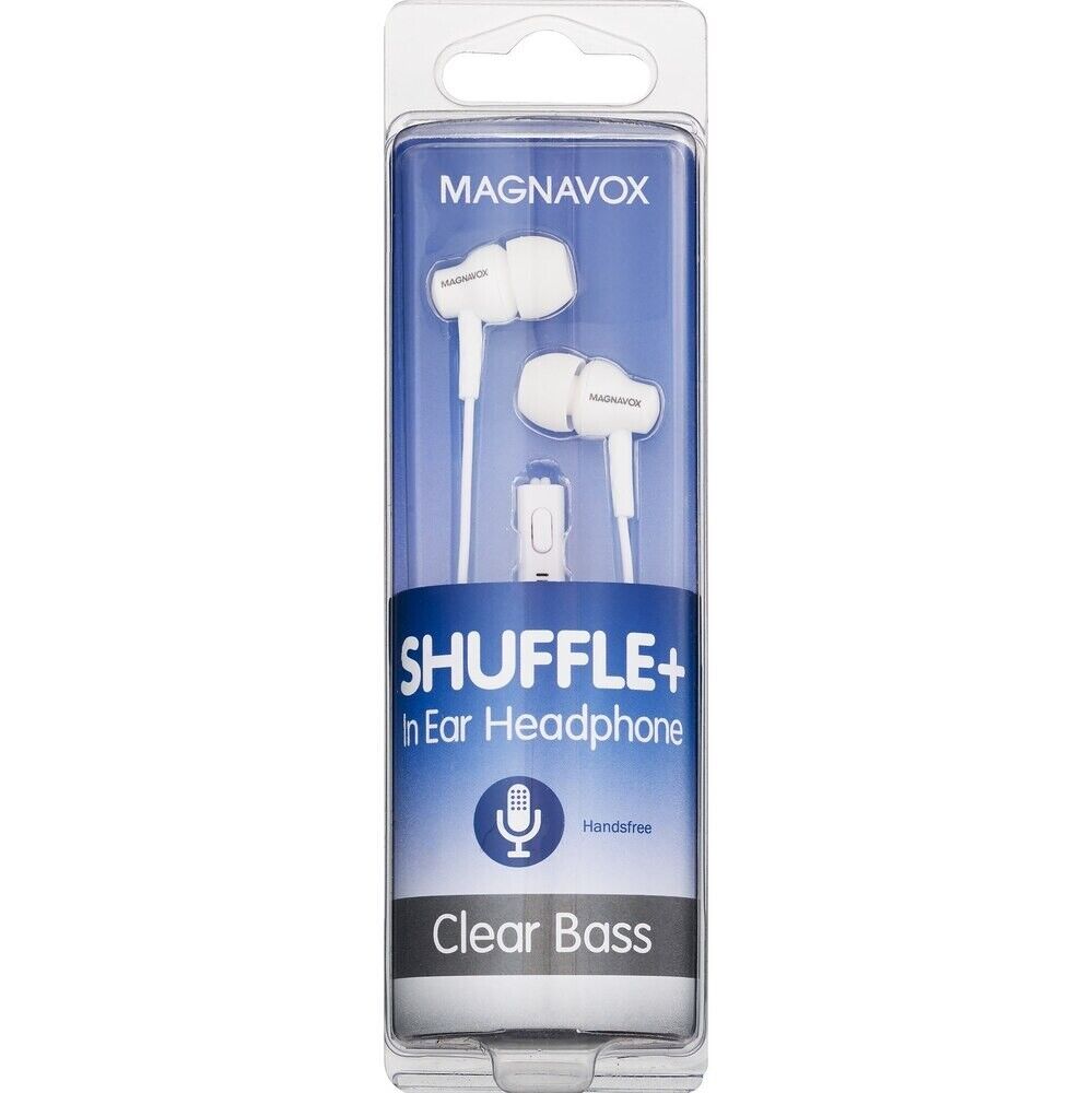 Magnavox Shuffle+ In Ear Headphones w/ Handsfree Mic & Music Control, White-NEW