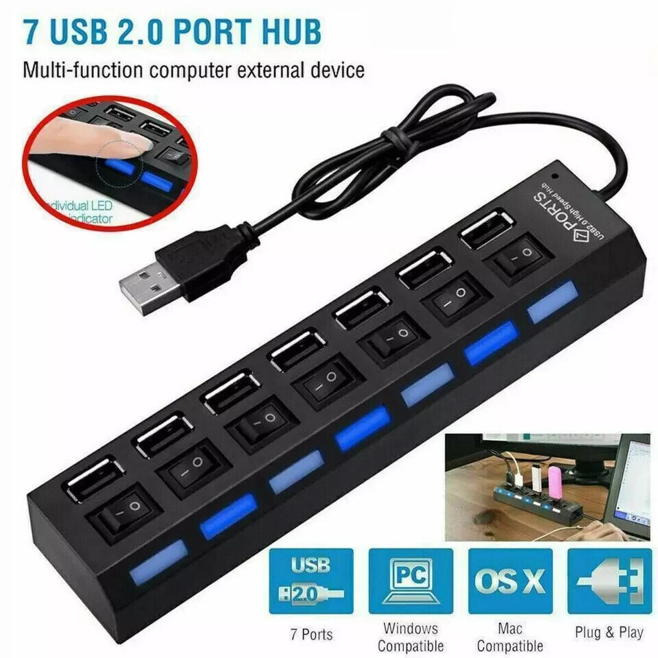 Universal, Unbranded 7 Port USB 2.0 High Speed Hub, Black, New