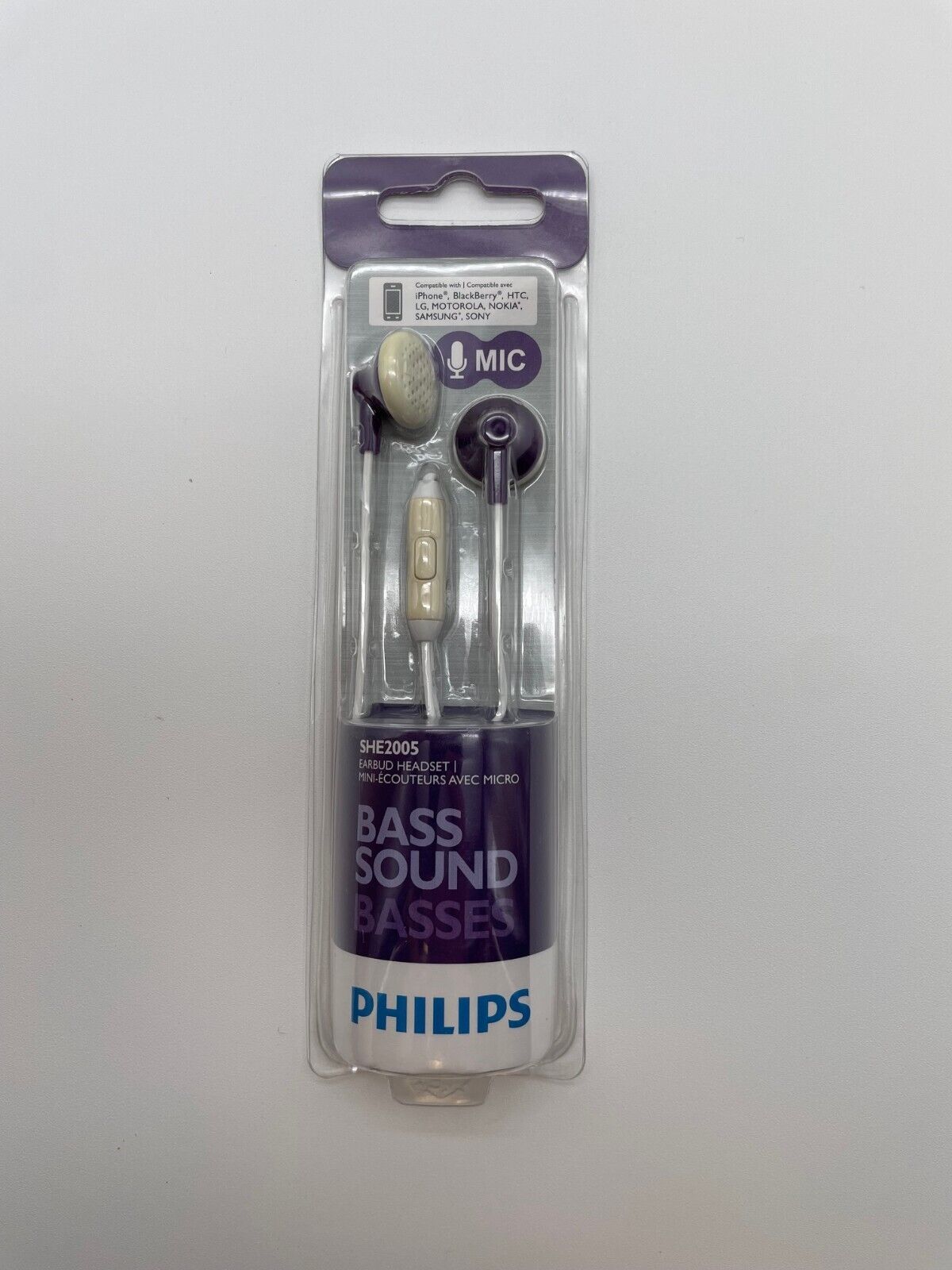 Philips Bass Sound SHE2005 Earbud Headset w/ Mic, Purple, NEW - SEE NOTES