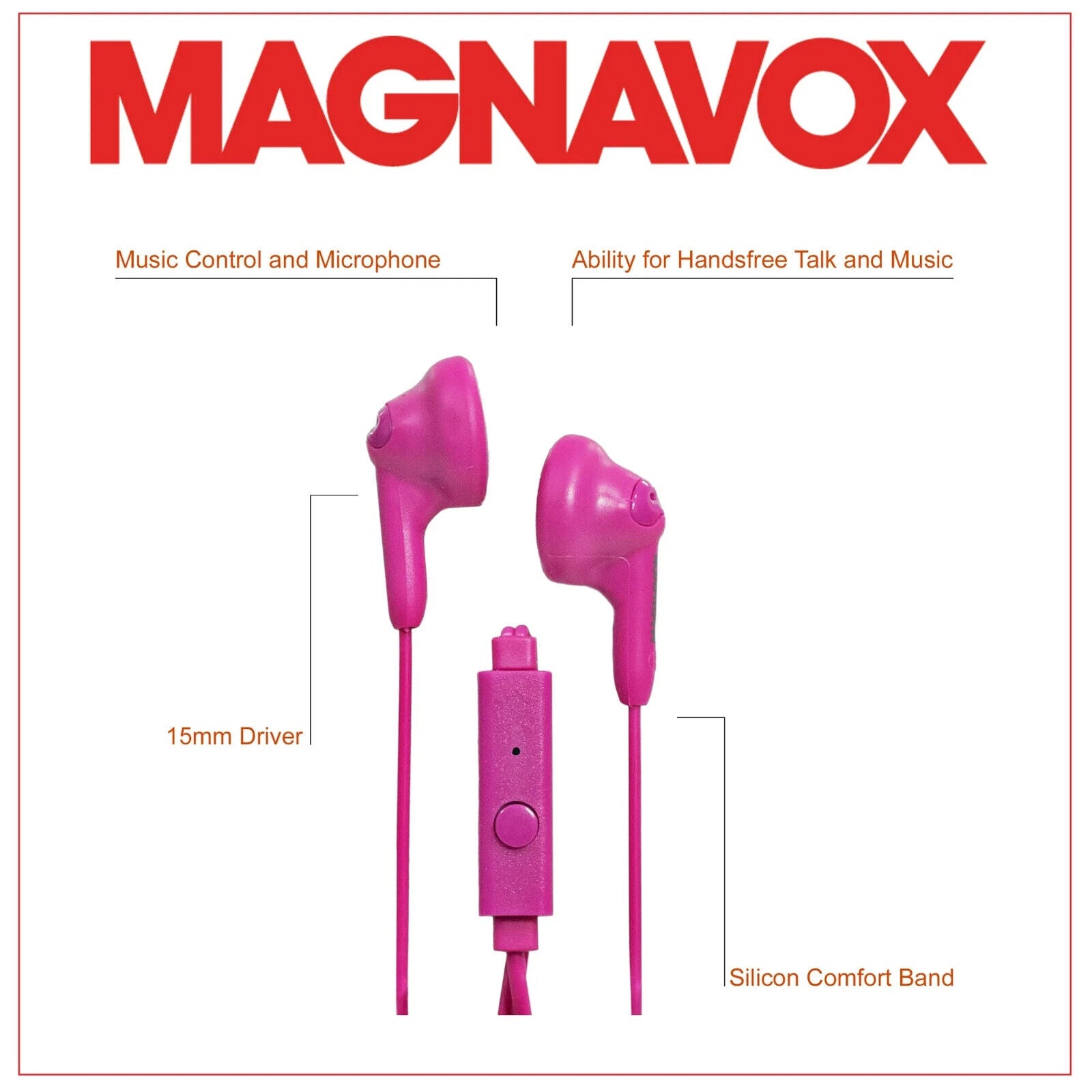 Magnavox Snug Fit+ Smooth Bass Handsfree Earphones w/ Mic & Control, Pink - NEW