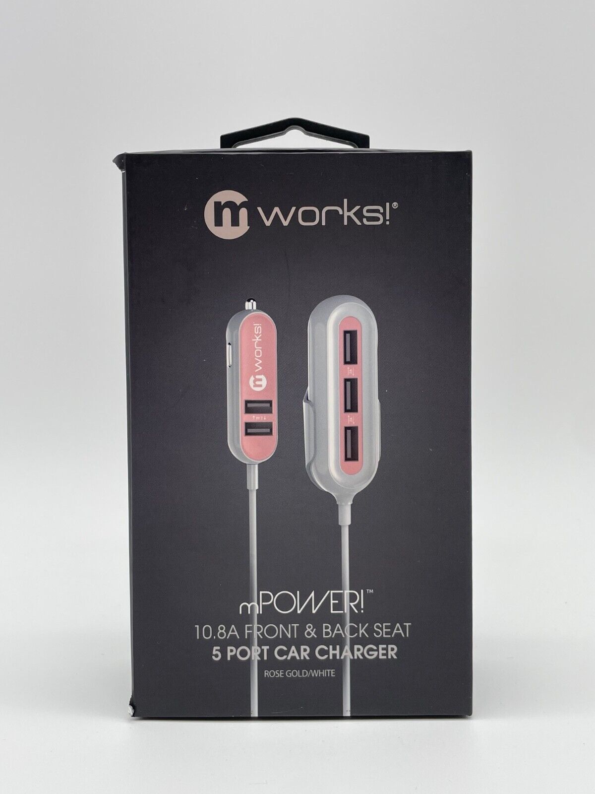 mworks! mPOWER! 10.8A Front & Back Seat 5 Port Car Charger, Rose Gold/White, NEW