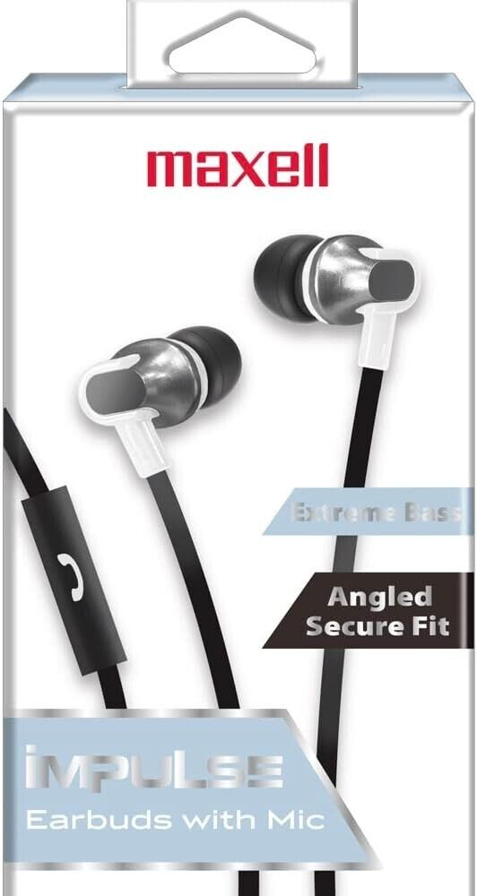 Maxell Impulse Earbuds w/ Mic; Extreme Bass & Angled Secure Fit; White - NEW