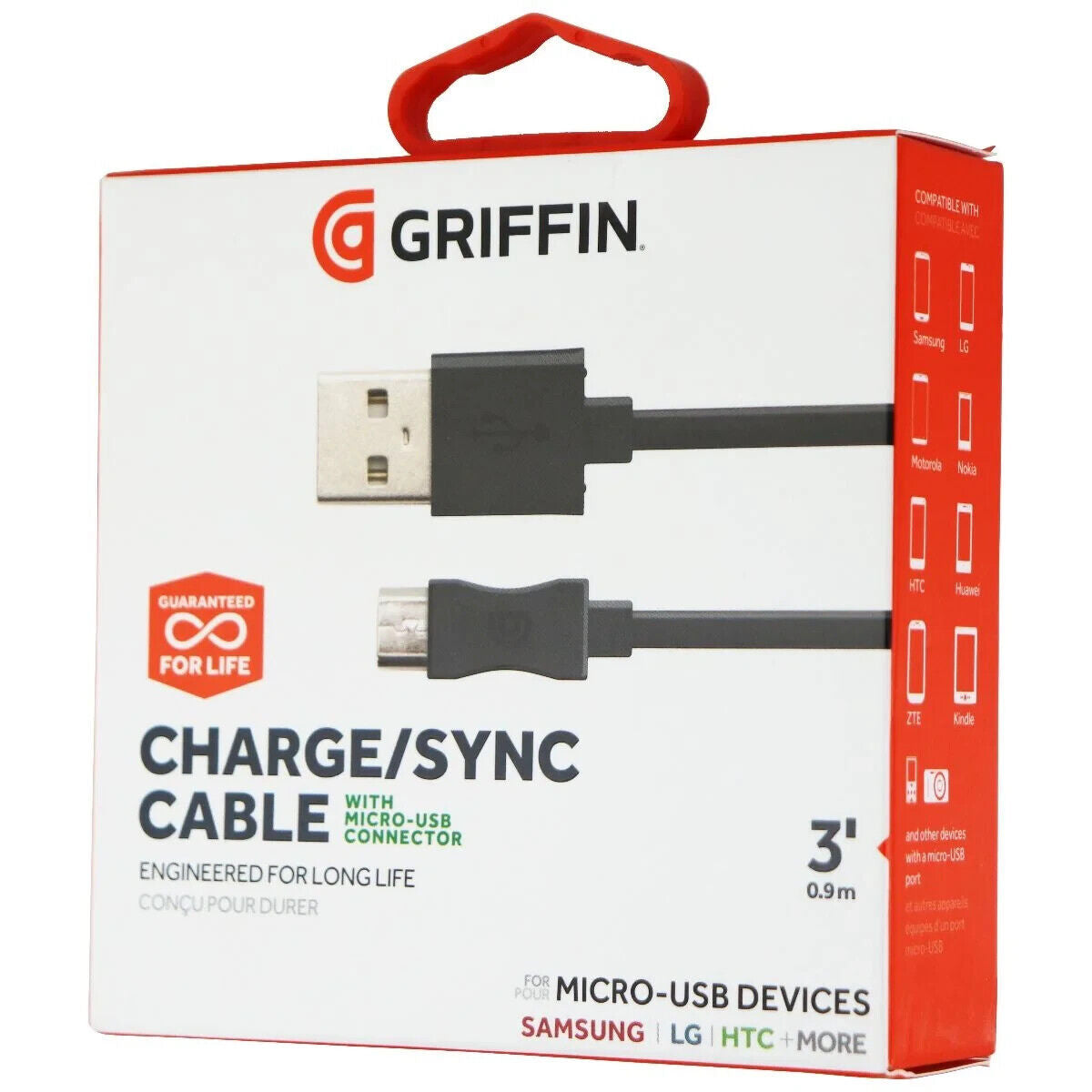 Griffin Charge/Sync Cable USB to Micro-USB Connector, 3', Universal, Black - NEW