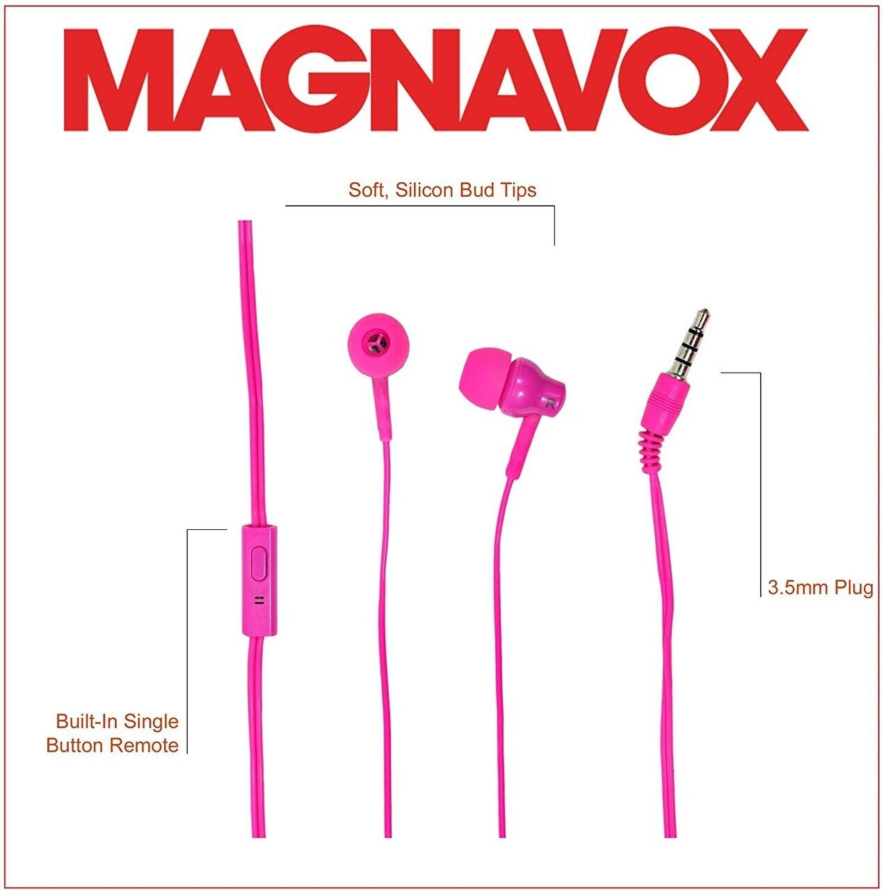 Magnavox Shuffle+ In Ear Headphones w/ Bass, Handsfree w/ Mic & Ctrl, Pink - NEW