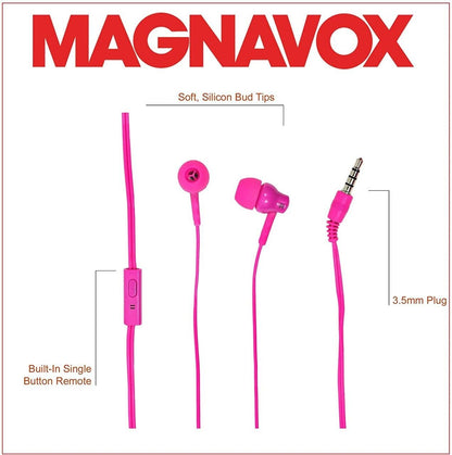 Magnavox Shuffle+ In Ear Headphones w/ Bass, Handsfree w/ Mic & Ctrl, Pink - NEW