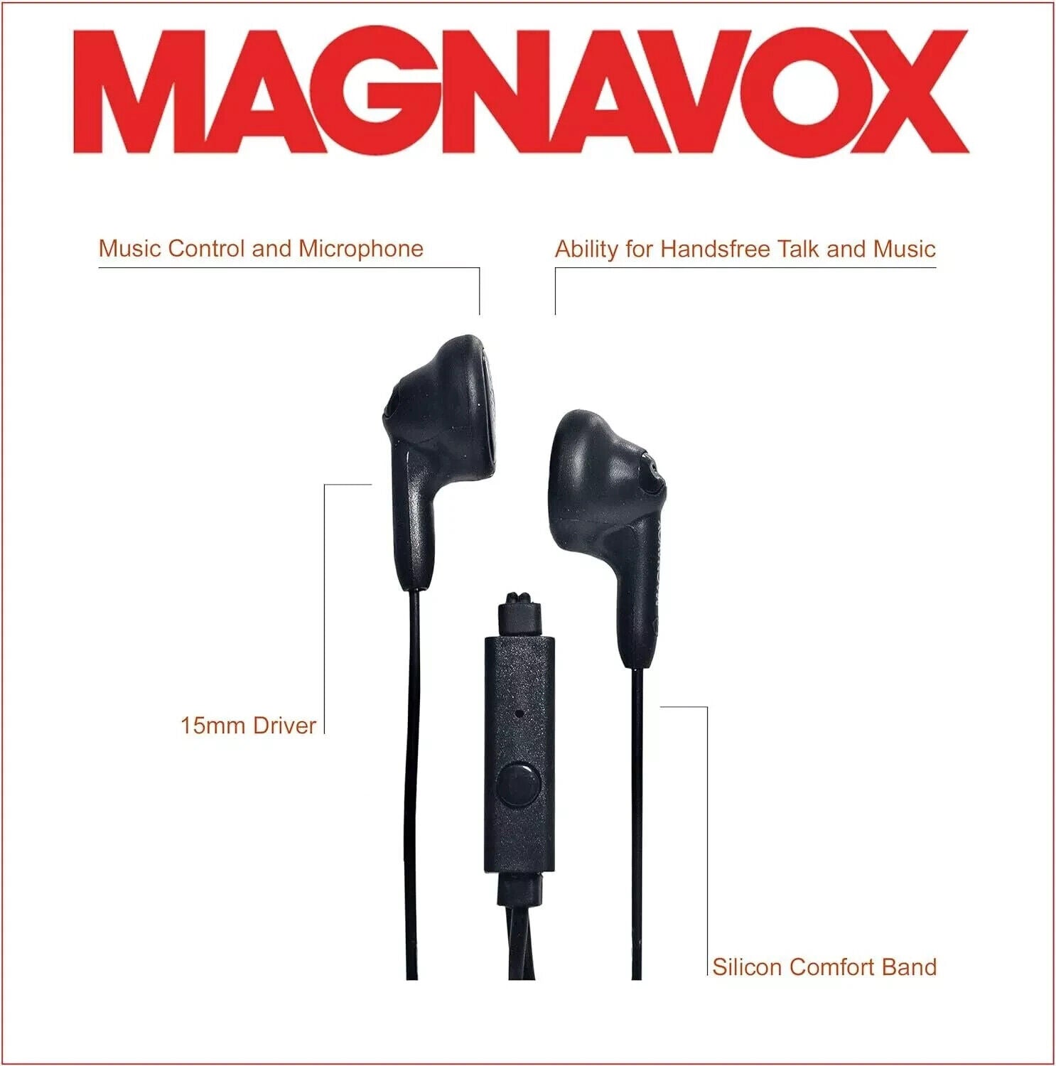 Magnavox Snug Fit+ Smooth Bass Handsfree Earphones w/ Mic & Control, Black - NEW