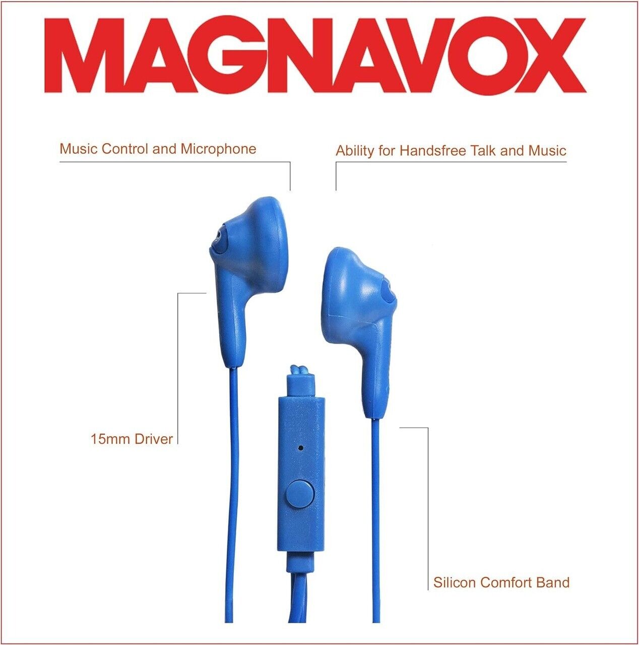 Magnavox Snug Fit+ Smooth Bass Handsfree Earphones w/ Mic & Control, Blue - NEW