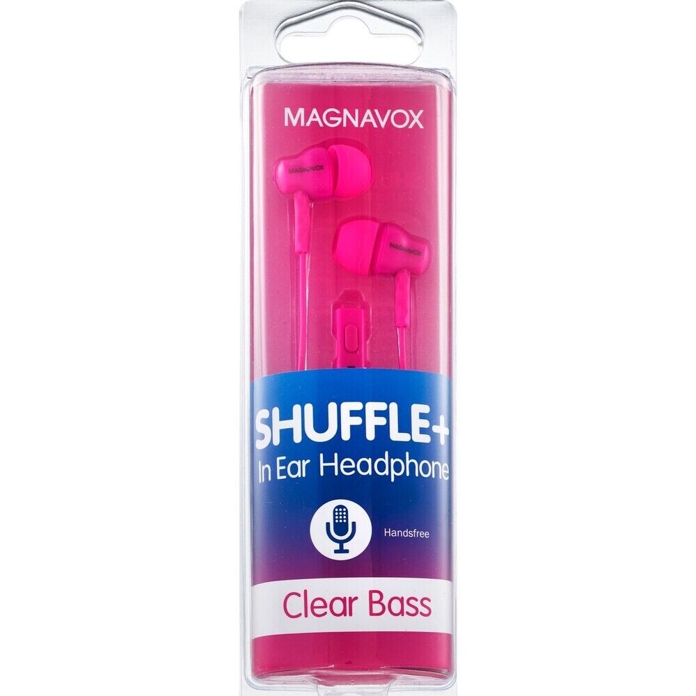 Magnavox Shuffle+ In Ear Headphones w/ Bass, Handsfree w/ Mic & Ctrl, Pink - NEW