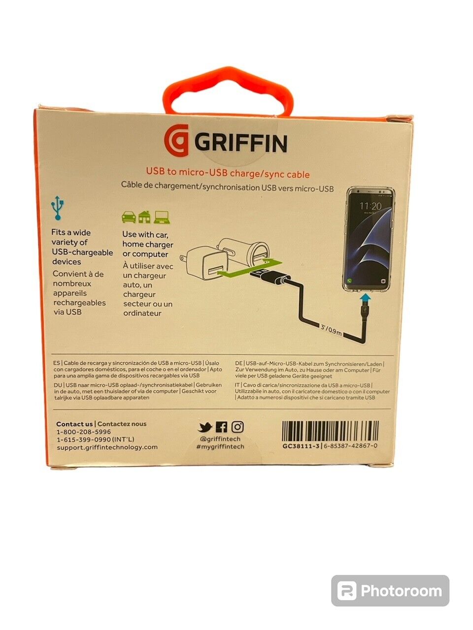 Griffin Charge/Sync Cable USB to Micro-USB Connector, 3', Universal, Black - NEW